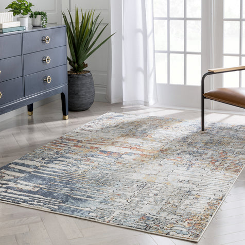 Modica Geometric Abstract Pattern Ivory Blue Rug