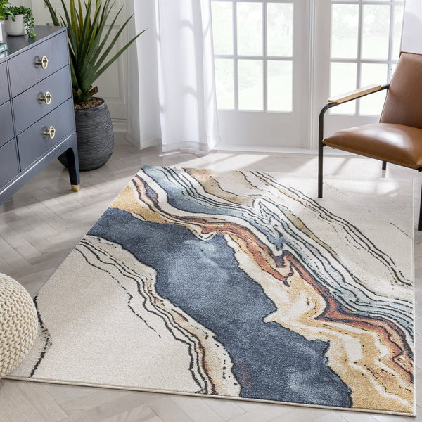 Livorno Abstract Paintsplash Ivory Blue Rug