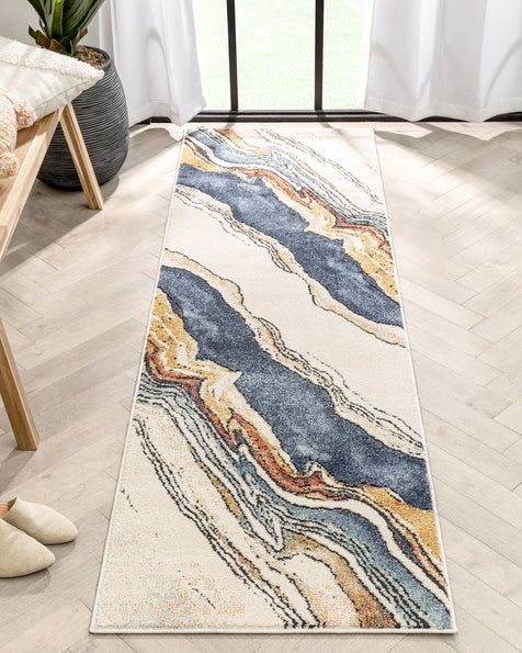 Livorno Abstract Paintsplash Ivory Blue Rug