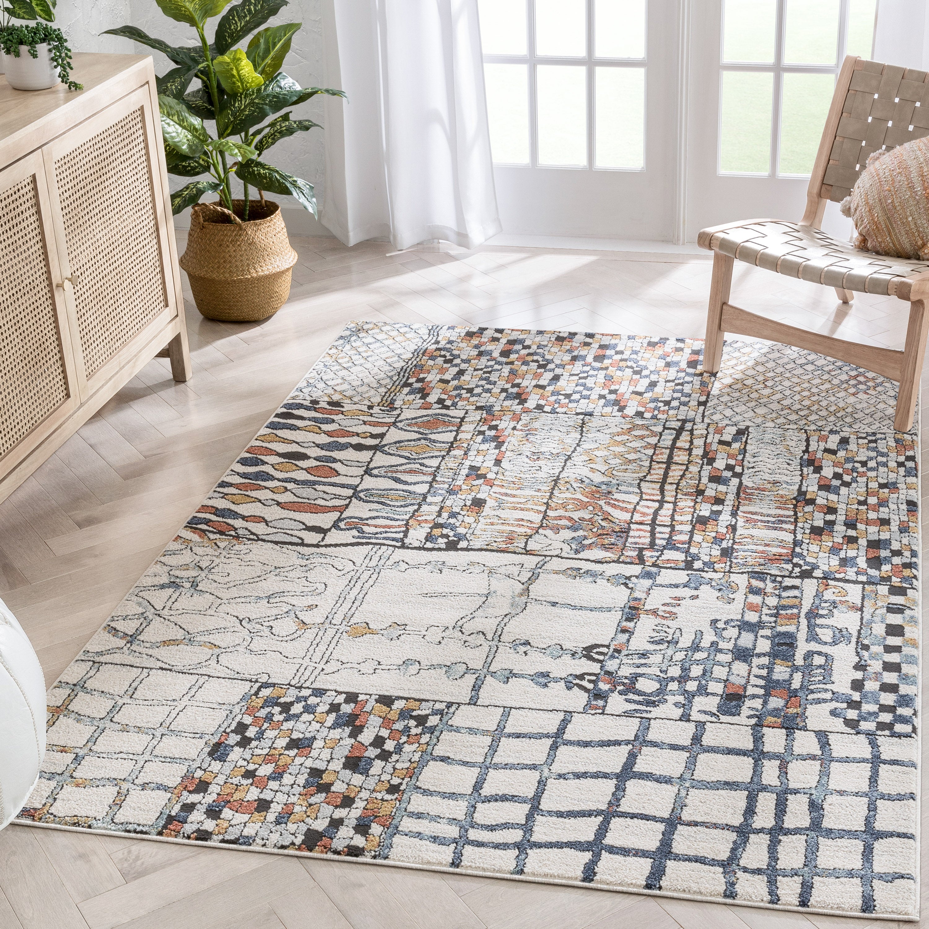 Taranto Geometric Abstract Pattern Ivory Blue Rug