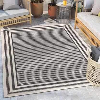 Frankie Modern Stripes Indoor/Outdoor Black Textured Rug