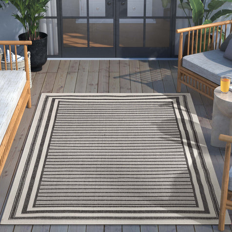 Frankie Modern Stripes Indoor/Outdoor Black Textured Rug