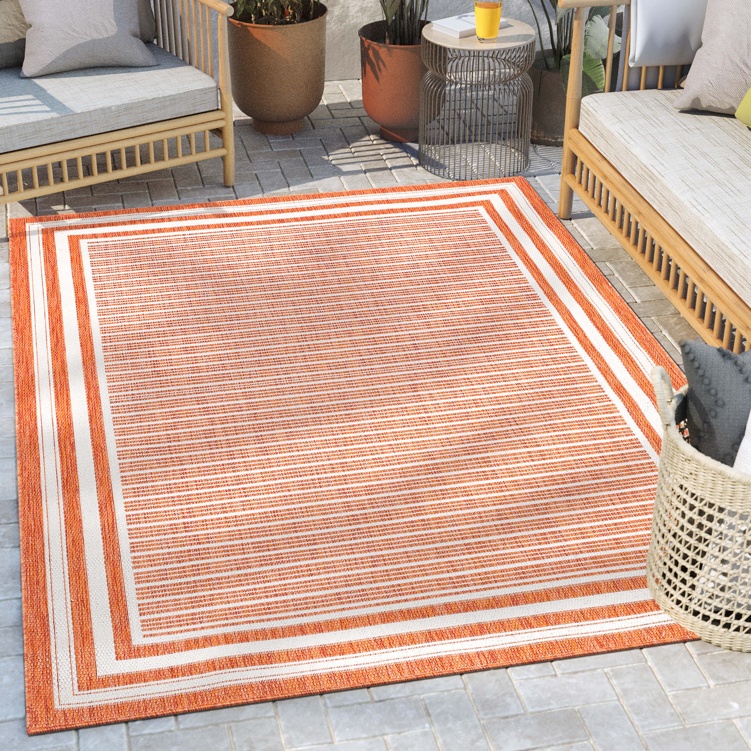 Frankie Modern Stripes Indoor/Outdoor Orange Textured 2'7" x 9'10" Runner Rug