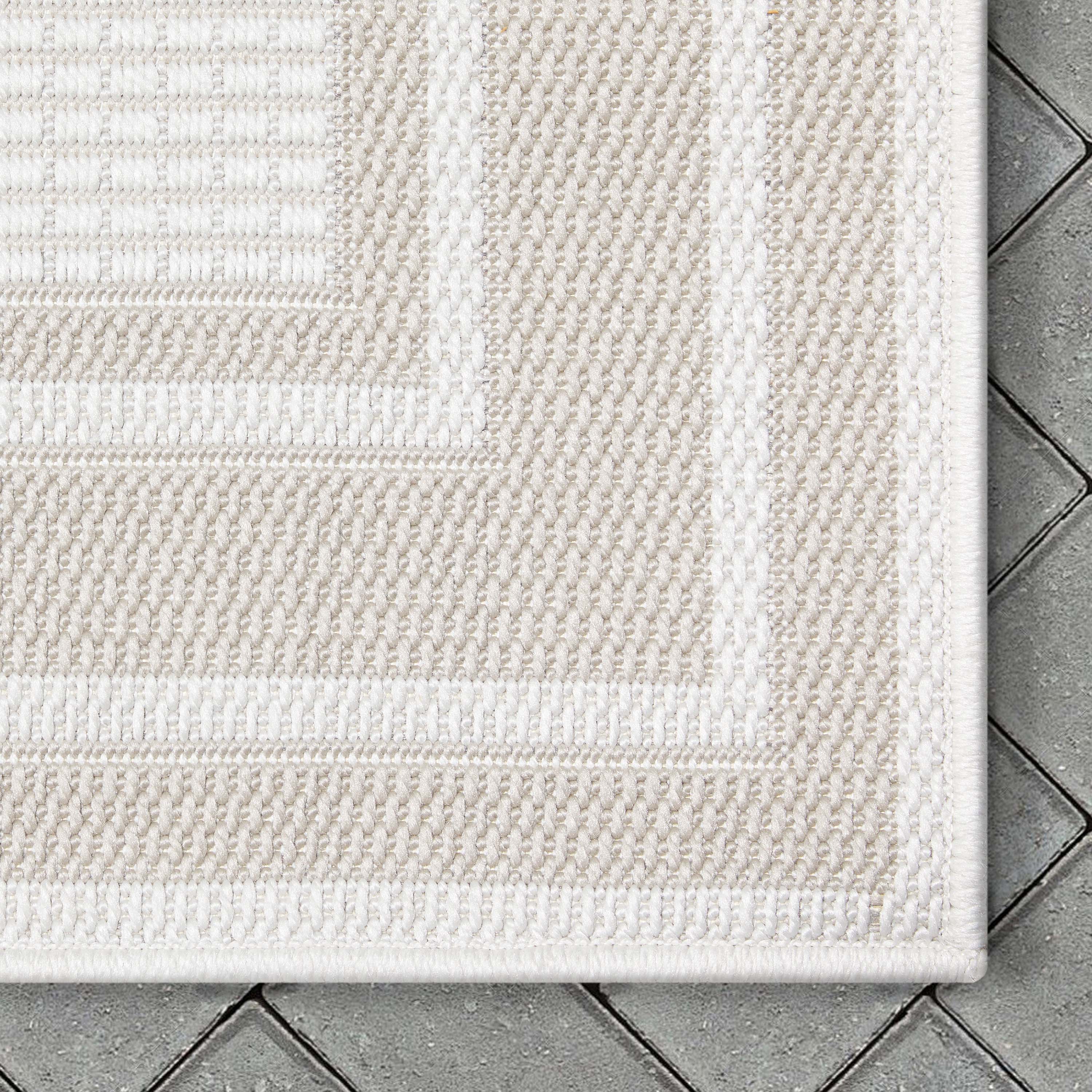 Perry Solid Border Pattern Indoor/Outdoor Ivory Textured Rug