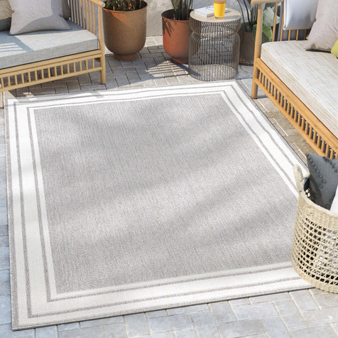 Perry Solid Border Pattern Indoor/Outdoor Grey Textured Rug