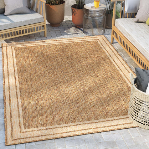 Perry Solid Border Pattern Indoor/Outdoor Brown Textured Rug