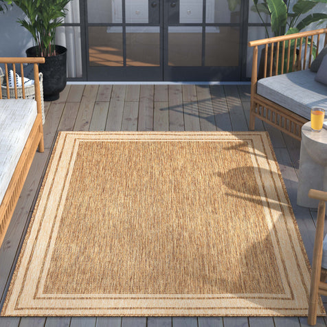 Perry Solid Border Pattern Indoor/Outdoor Brown Textured Rug