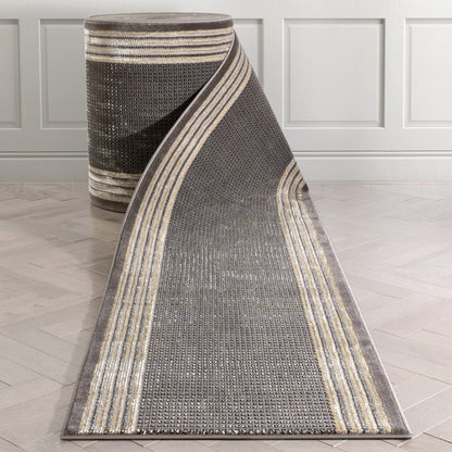 Custom Size Runner Waylon Retro Border Solid & Striped Grey Select Your Width x Choose Your Length Hallway Runner Rug