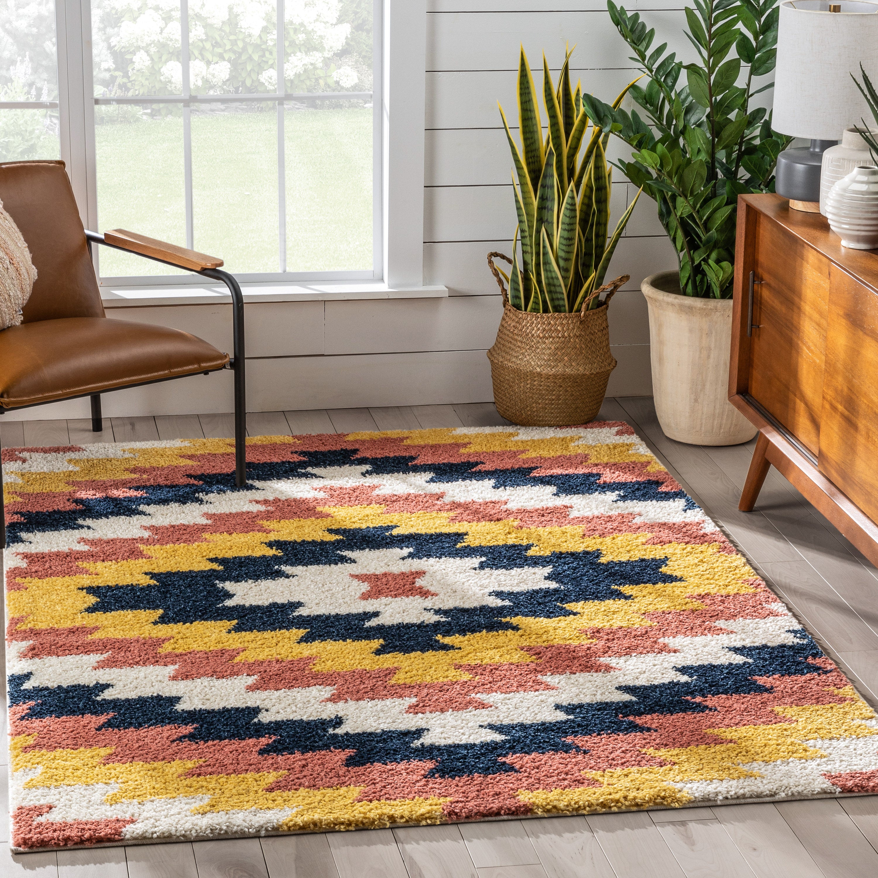 Titan Southwestern Tribal Ivory Blue Rainbow Shag Rug