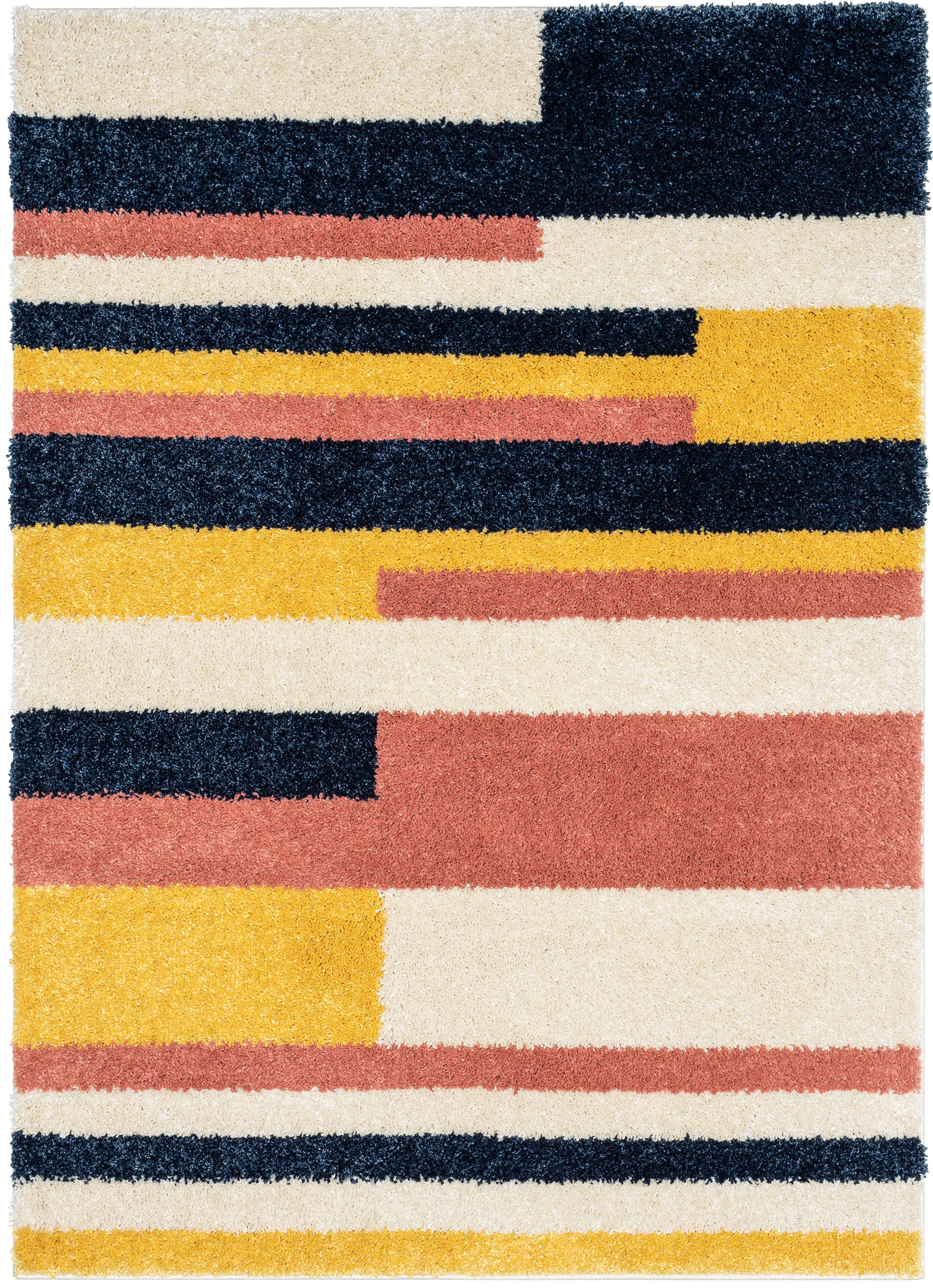 Katniss Mid-Century Modern Geometric Ivory Blue Rainbow Shag Rug