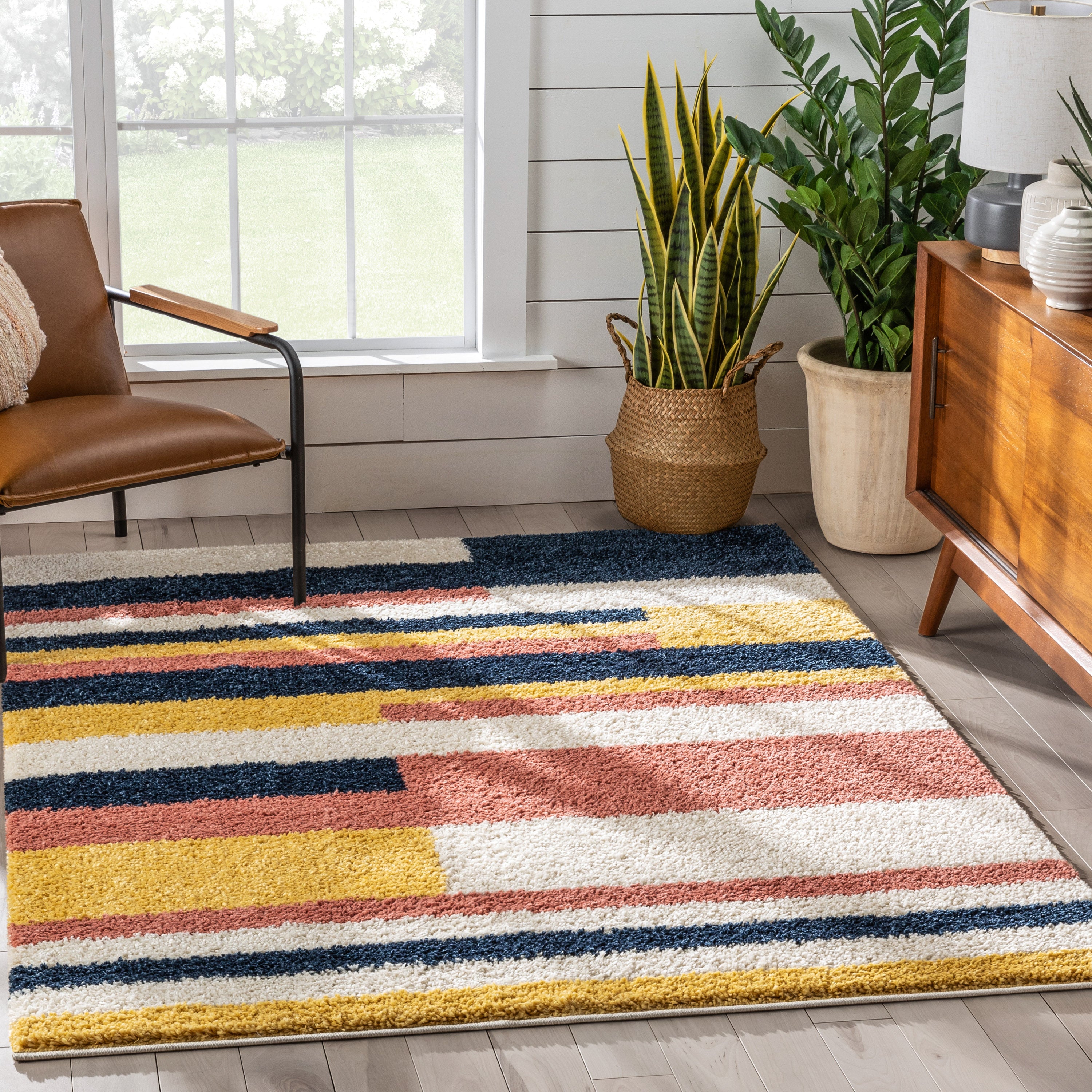 Katniss Mid-Century Modern Geometric Ivory Blue Rainbow Shag Rug