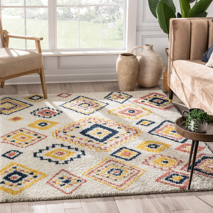 Blaer Moroccan Ethnic Diamond Ivory Rainbow Shag Rug