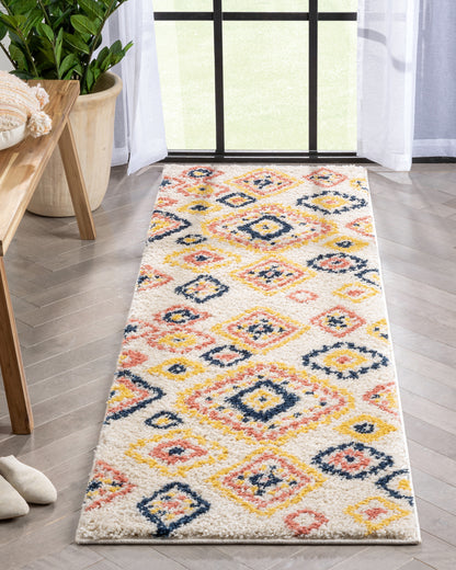 Blaer Moroccan Ethnic Diamond Ivory Rainbow Shag Rug