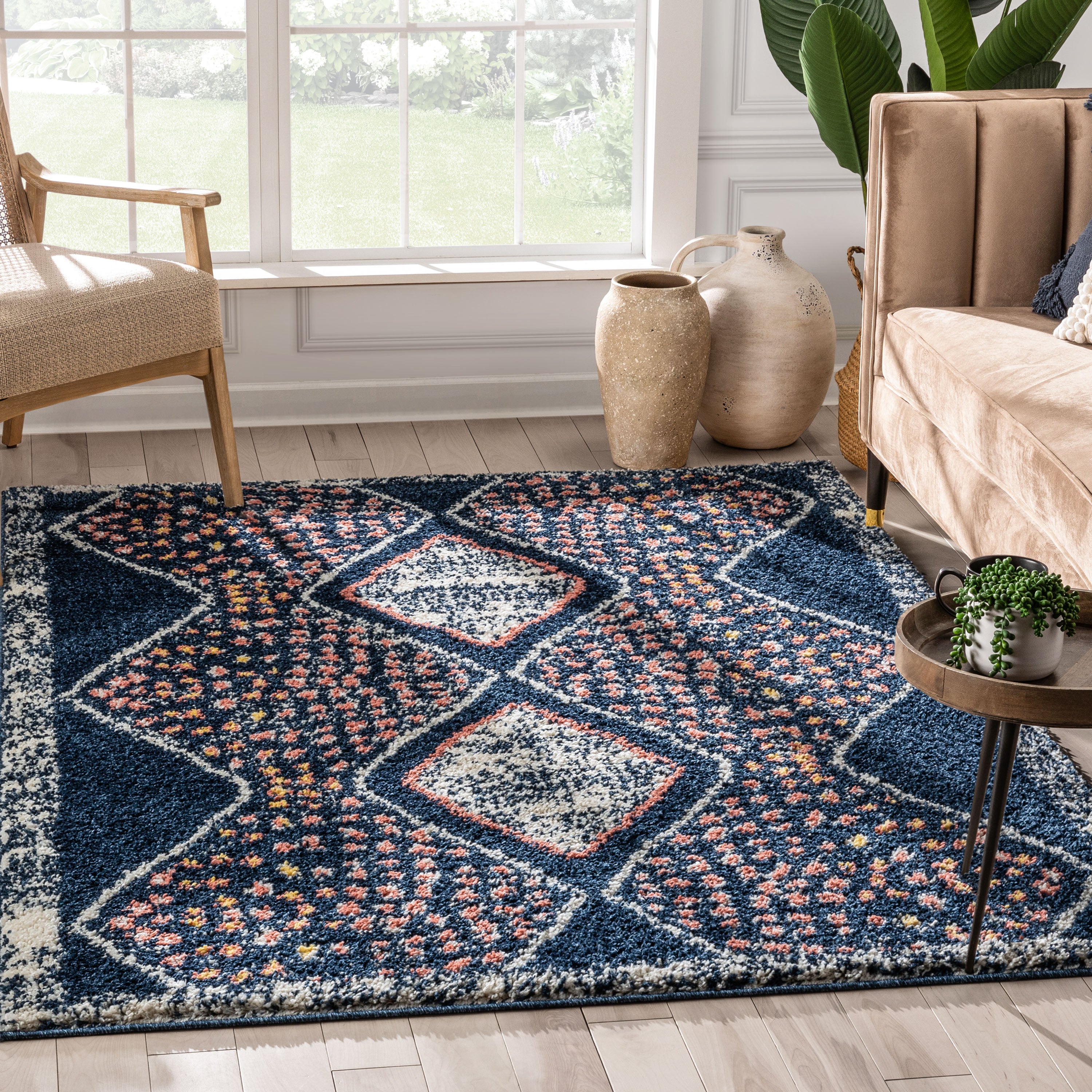 Sansa Moroccan Diamond Blue Rainbow Shag Rug