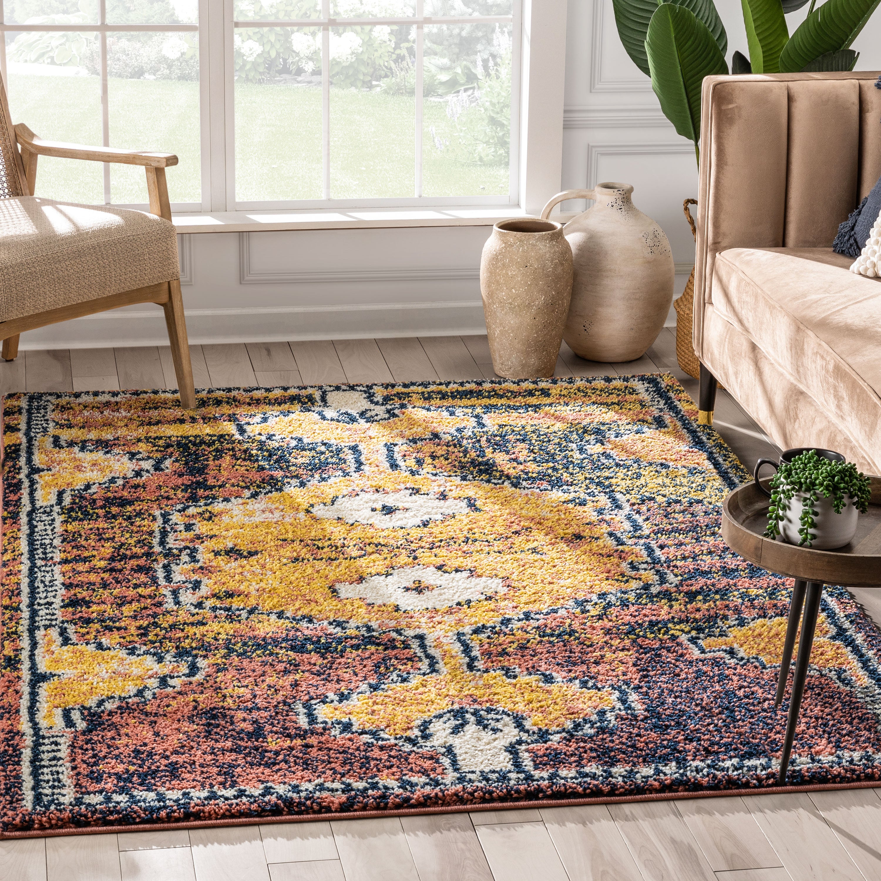 Mowgli Tribal Moroccan Medallion Yellow Rust Rainbow Shag Rug