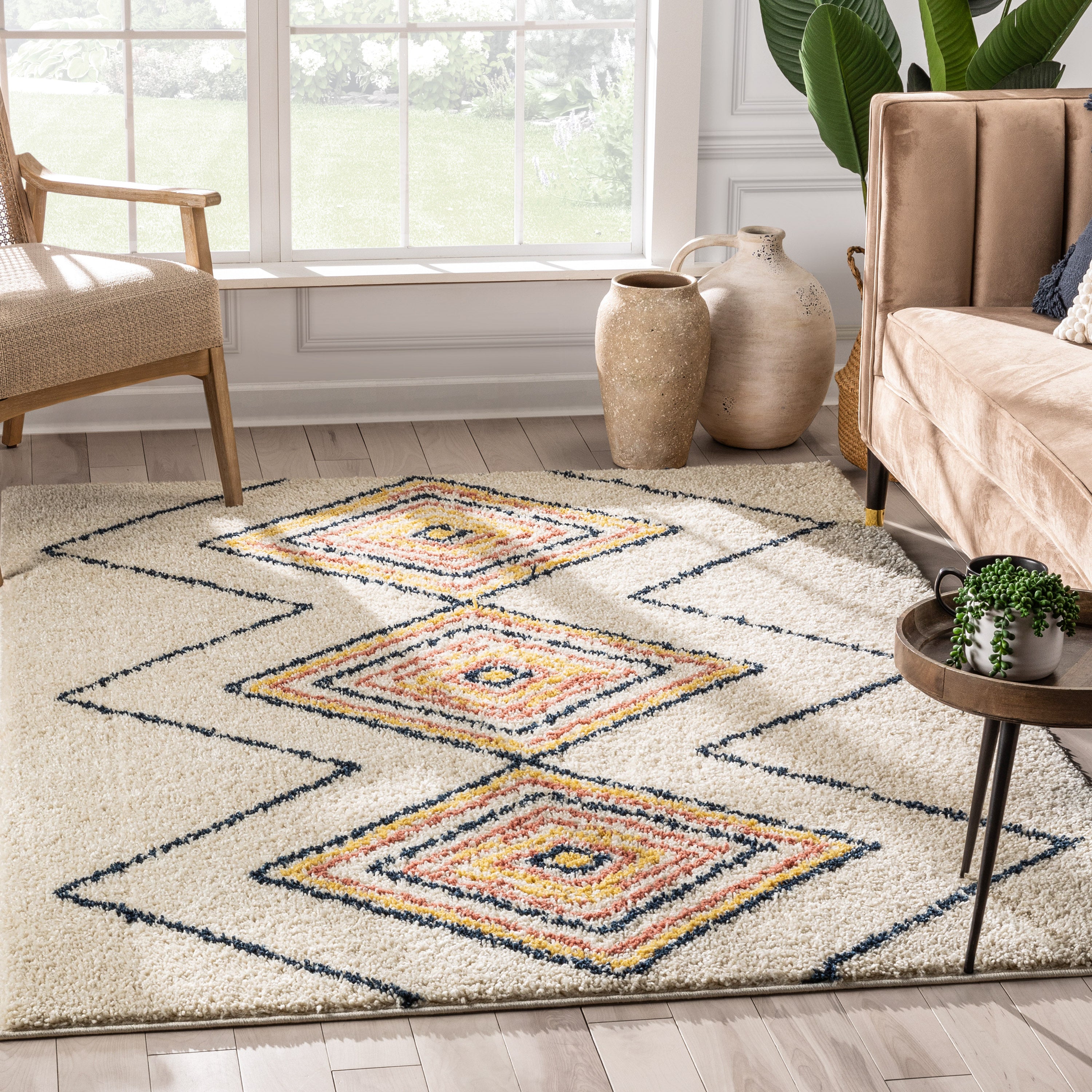 Crew Moroccan Tribal Diamond Ivory Rainbow Shag Rug