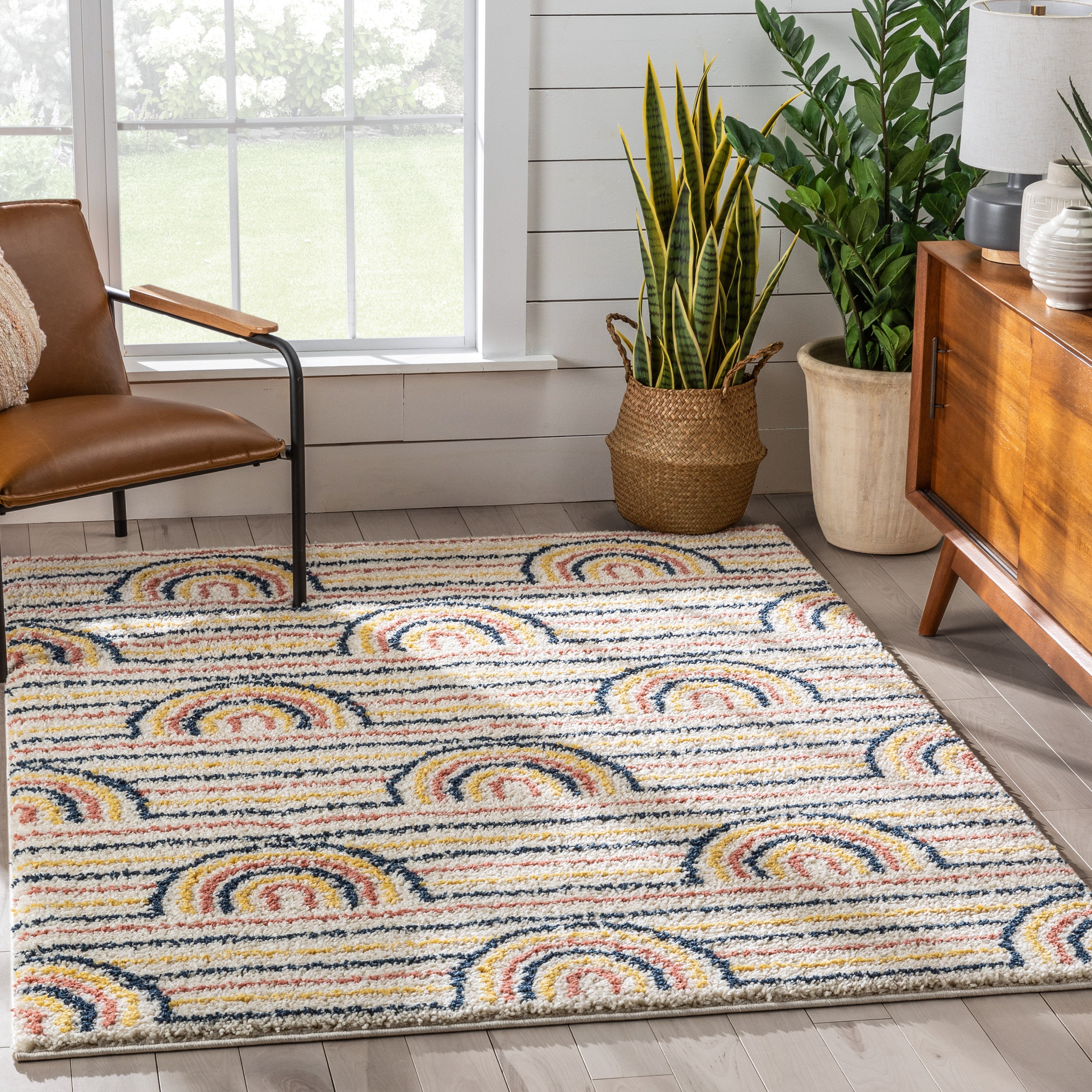 Rainbow Retro Geometric Ivory Rainbow Shag Rug