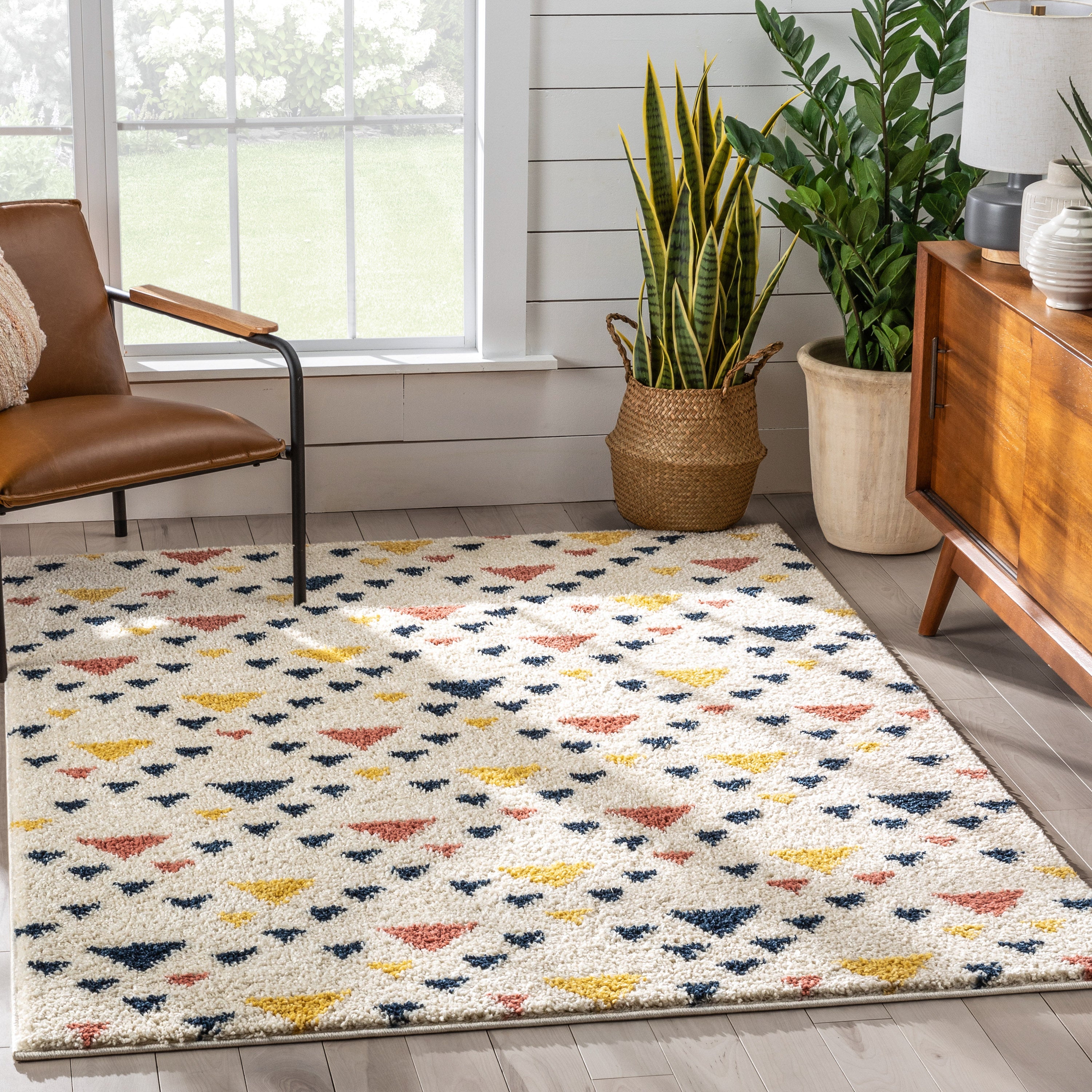 Jax Retro Geometric Triangle Ivory Blue Rainbow Shag Rug