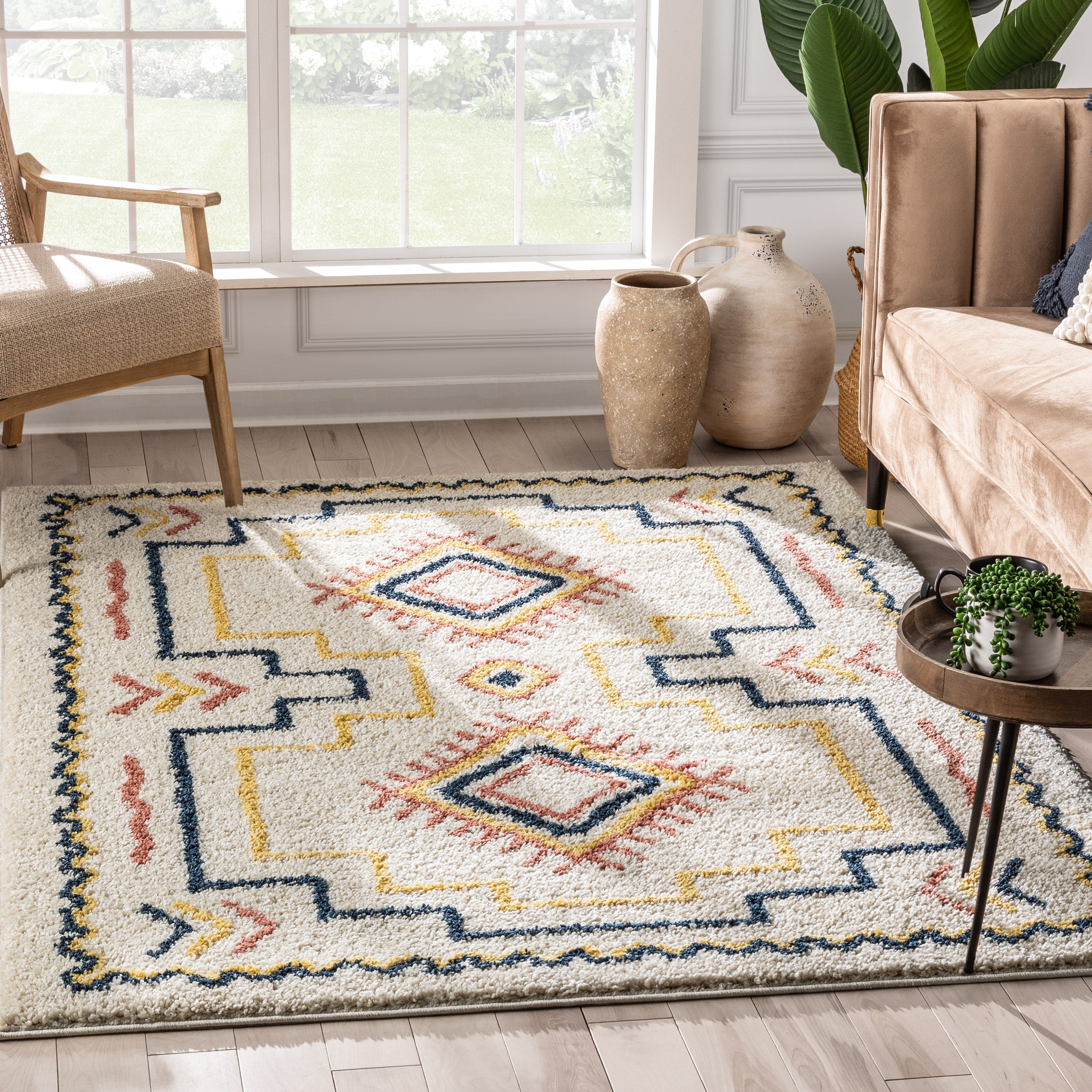 Audi Ethnic Medallion Ivory Rainbow Shag Rug