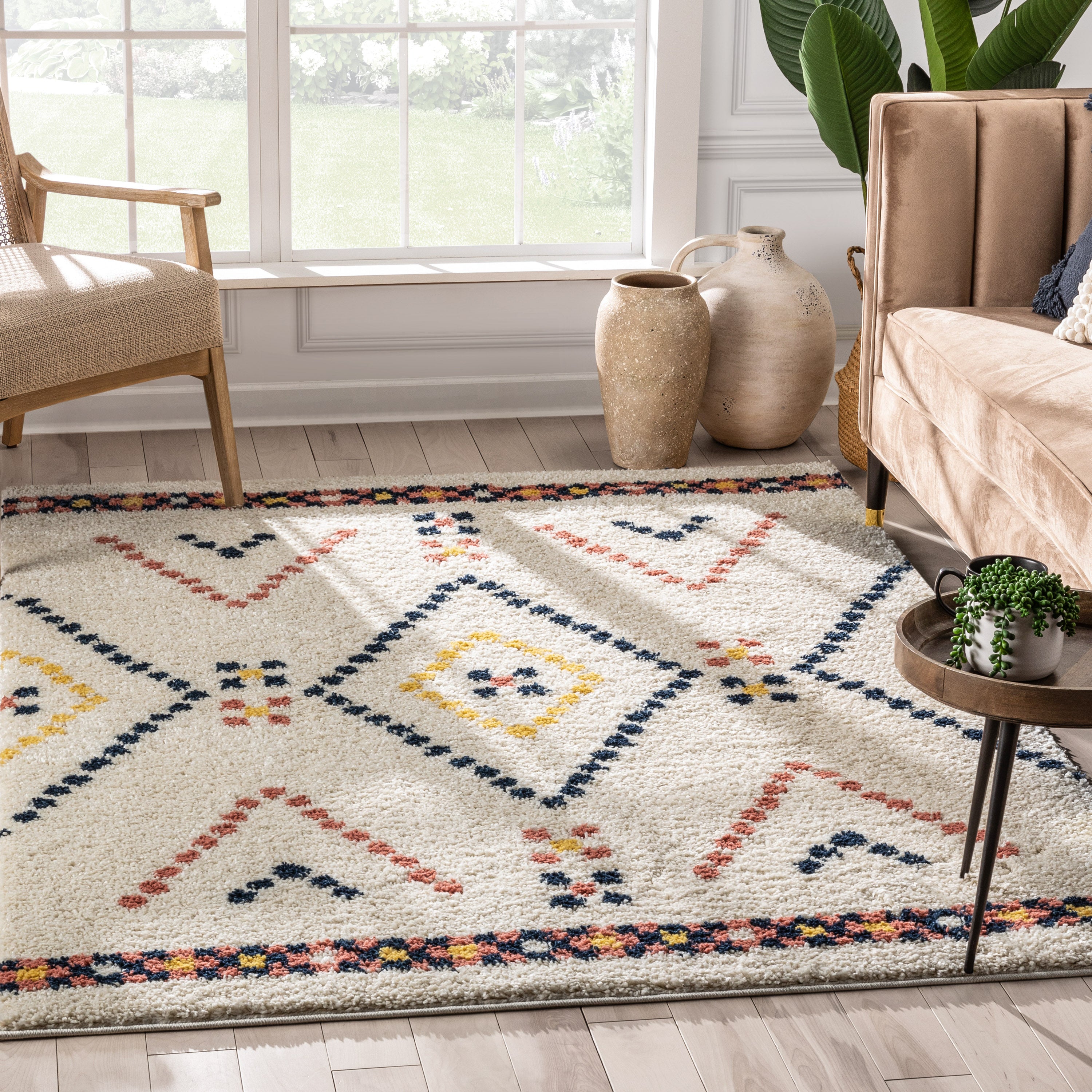 Puma Moroccan Tribal Diamond Ivory Rainbow Shag Rug