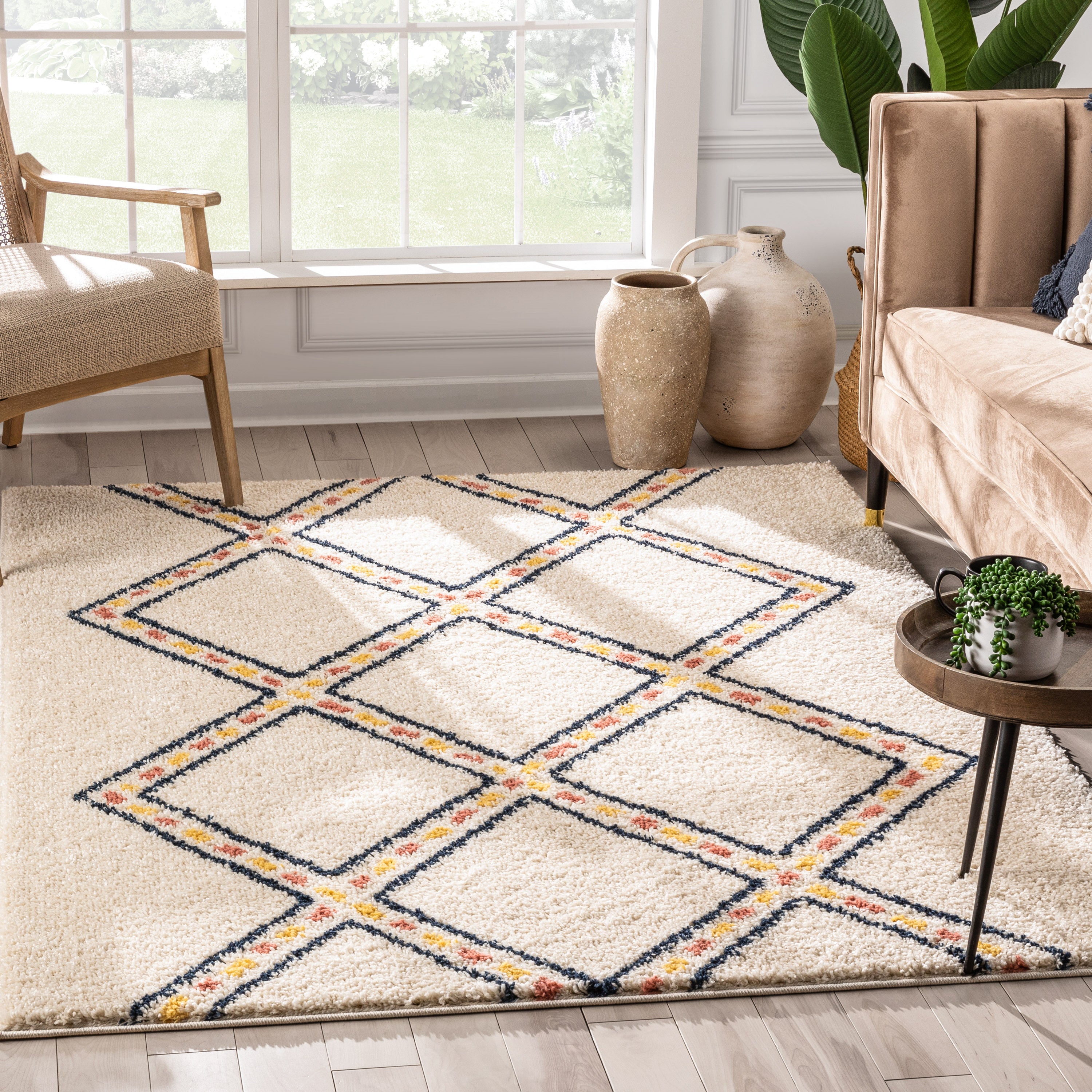 Bodhi Moroccan Tribal Diamond Ivory Rainbow Shag Rug