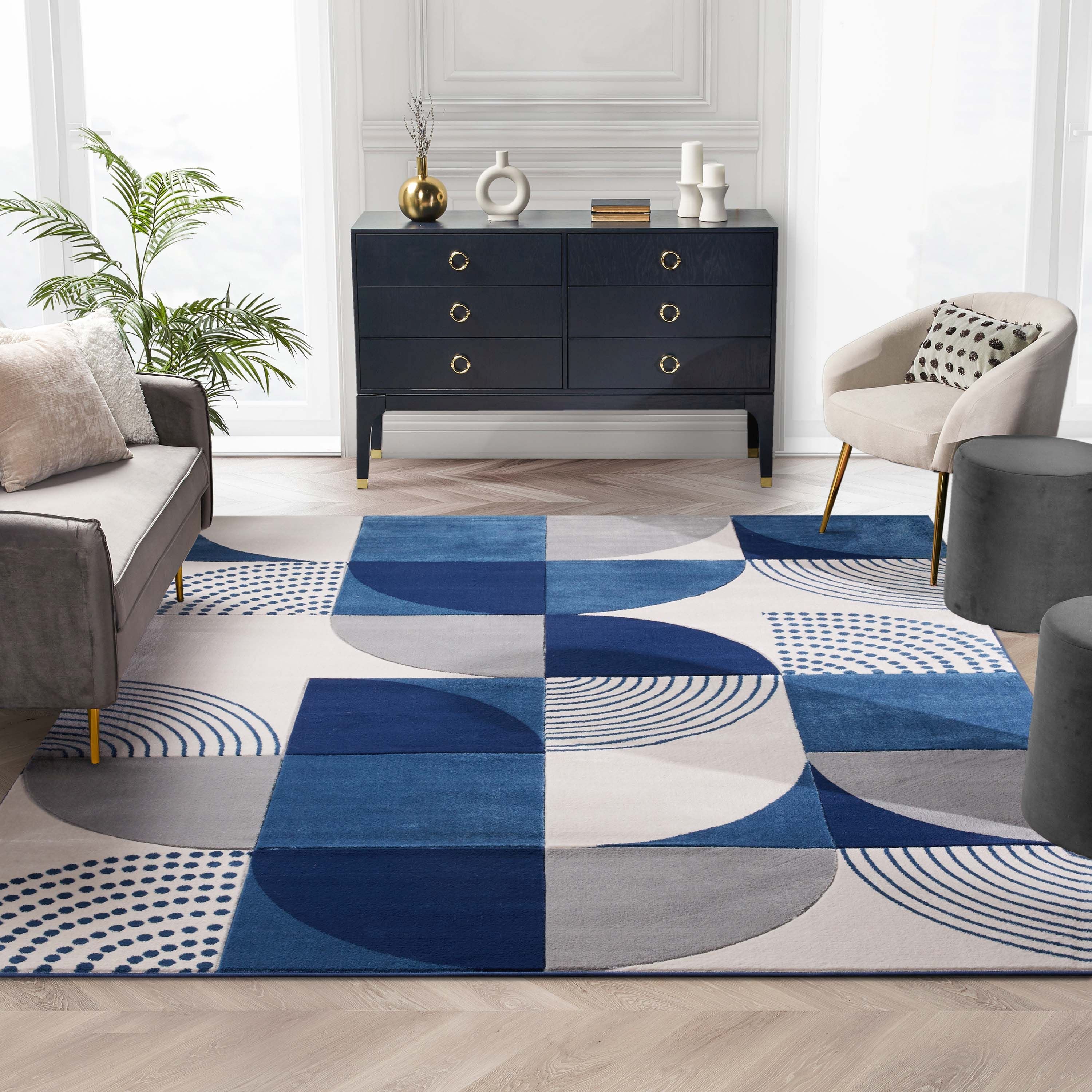 Margot Blue Modern Geometric Boxes Lines 3D Textured Rug