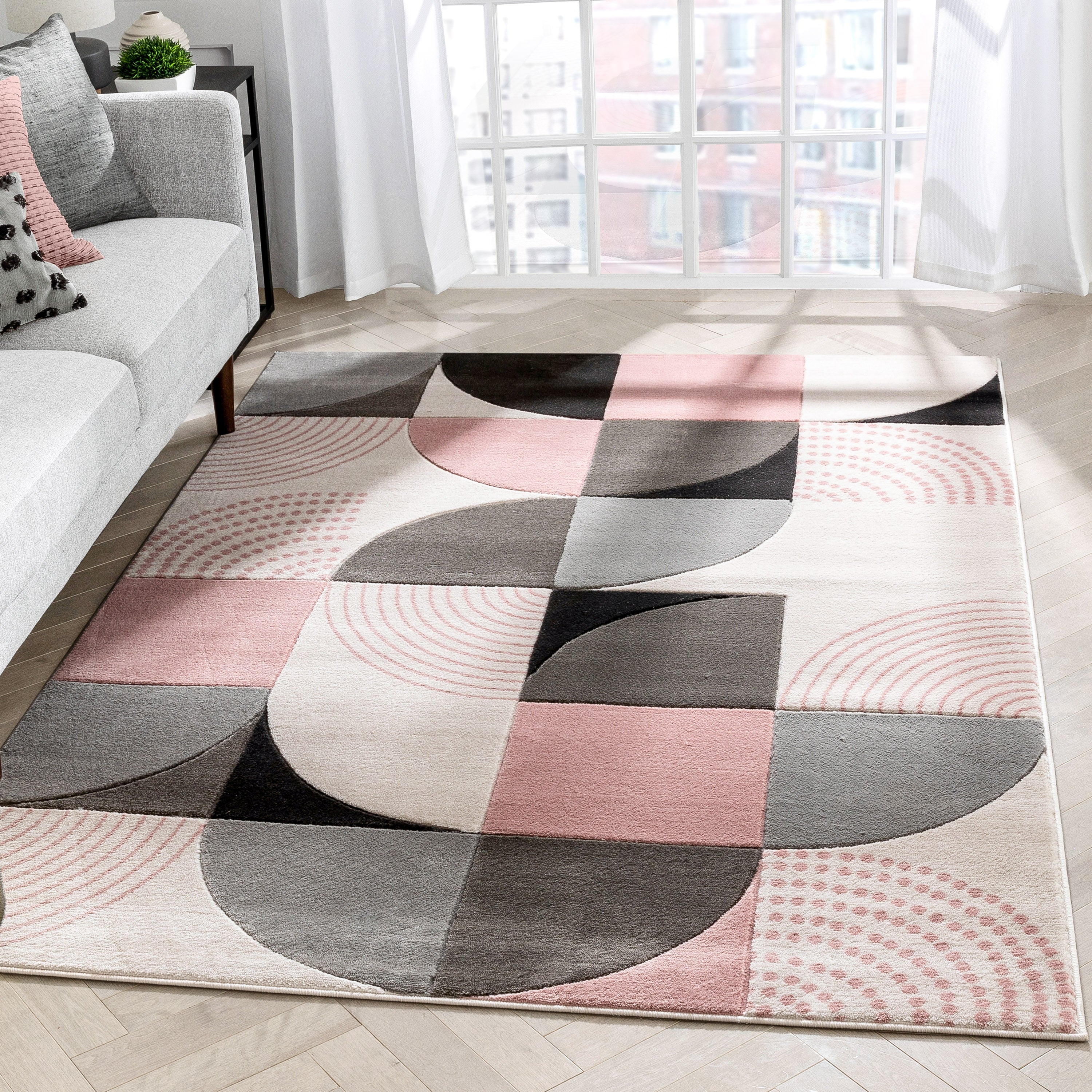 Margot Blush Pink Modern Geometric Boxes Lines 3D Textured Rug By Chill Rugs