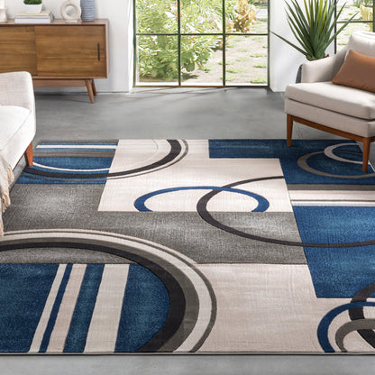 Belle Dark Blue Modern Abstract Geometric 3D Textured Rug