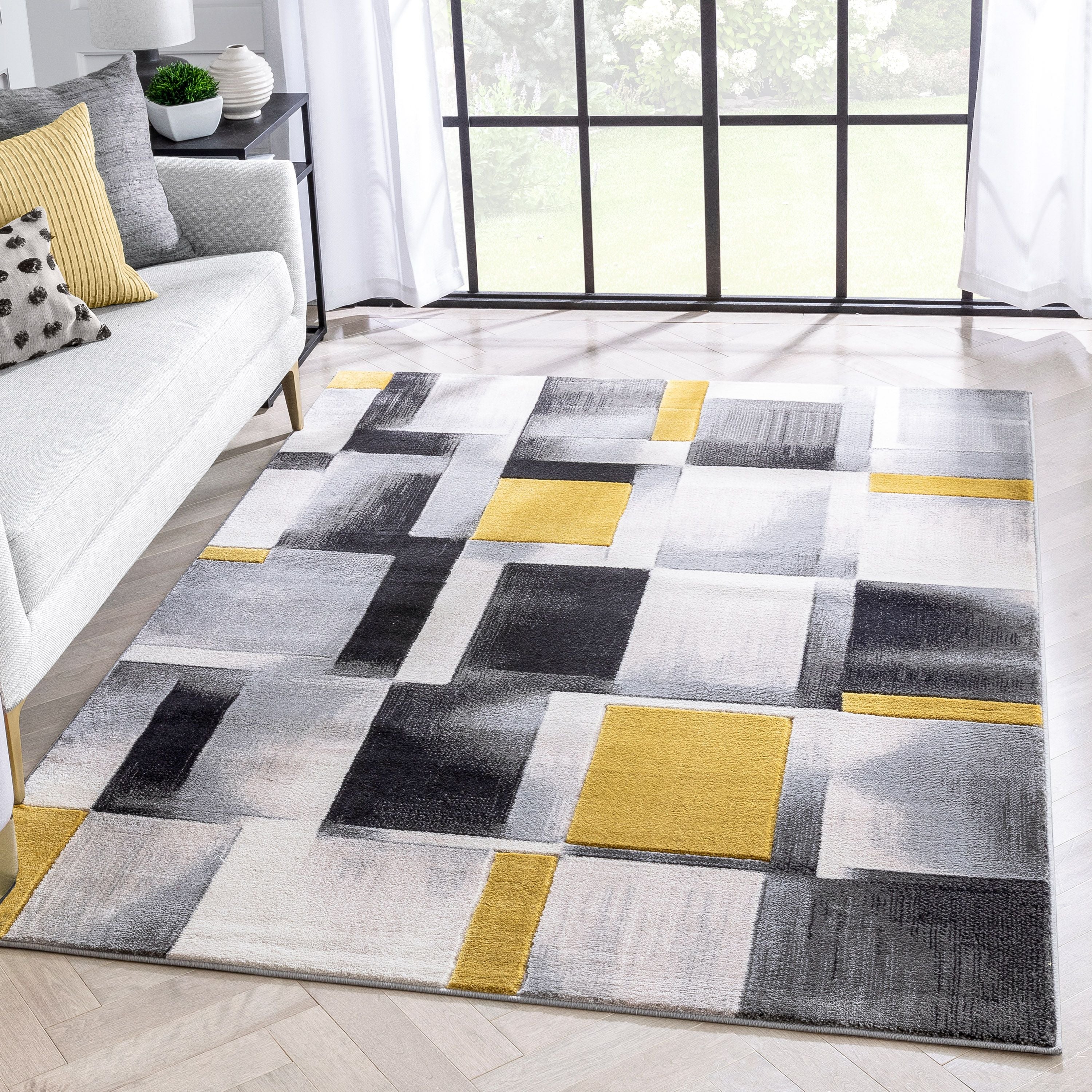 Louisa Gold Modern Geometric Boxes 3D Textured Rug