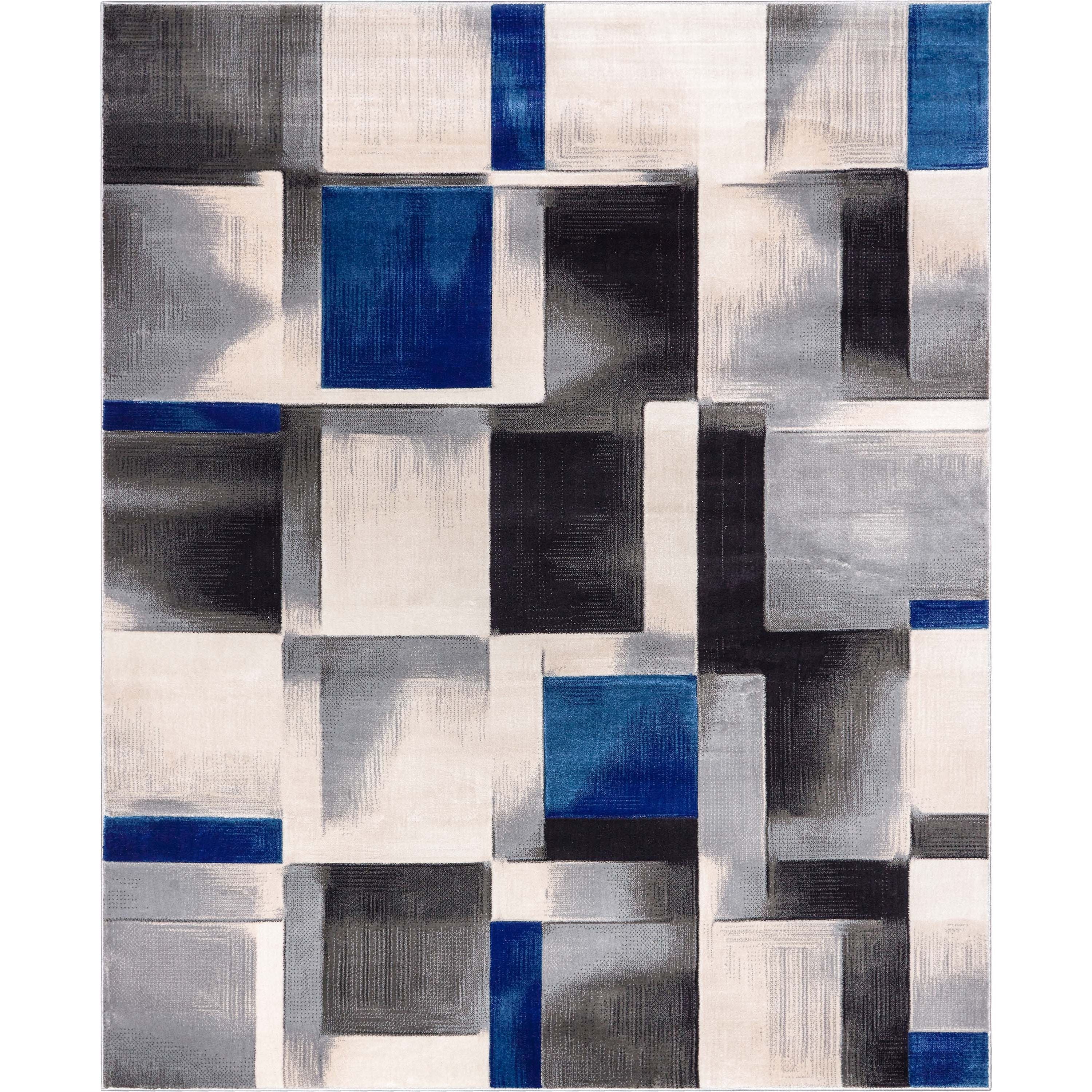 Louisa Blue Modern Geometric Boxes 3D Textured Rug