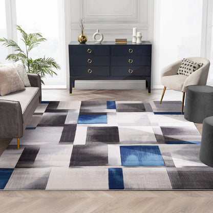 Louisa Blue Modern Geometric Boxes 3D Textured Rug