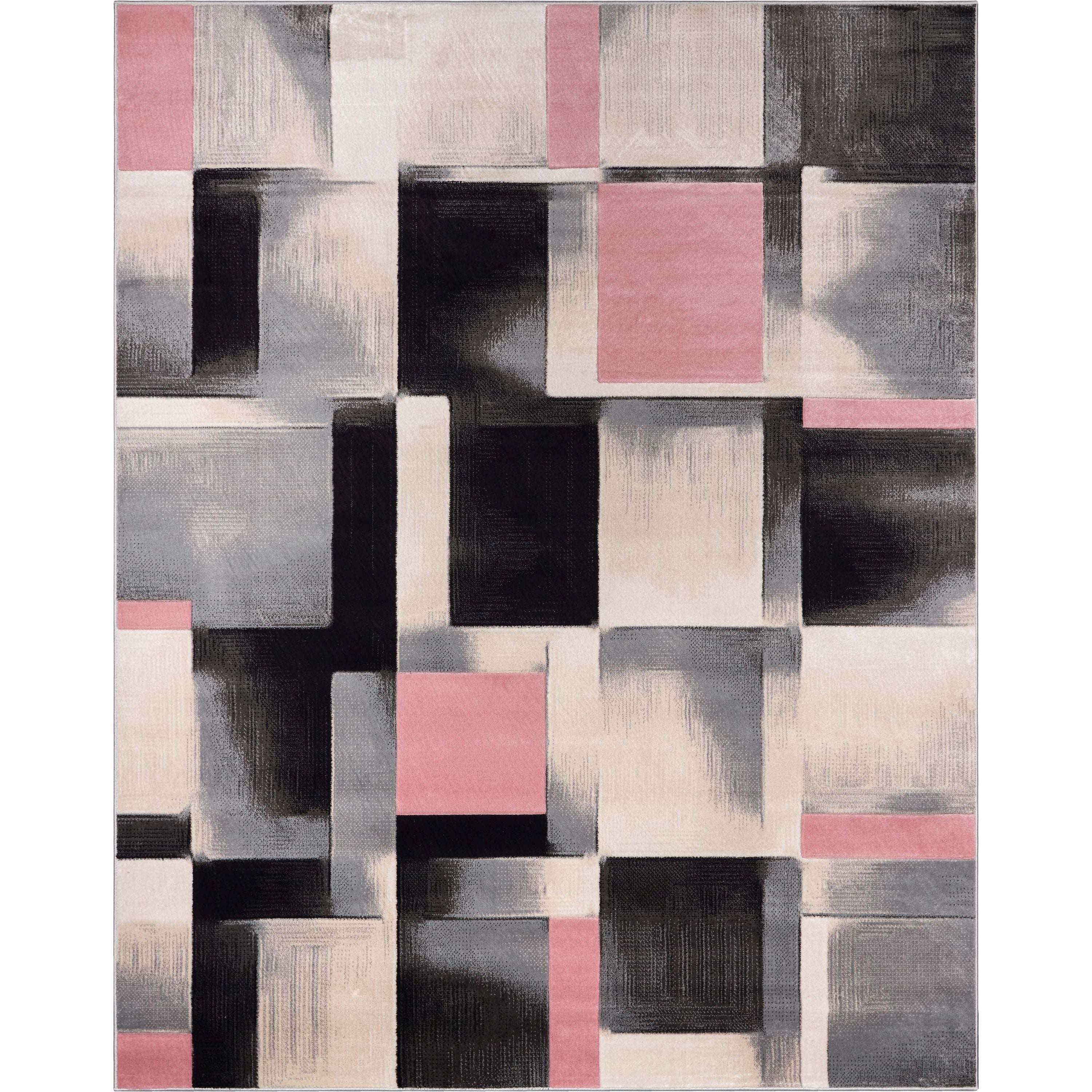 Louisa Blush Pink Modern Geometric Boxes 3D Textured Rug