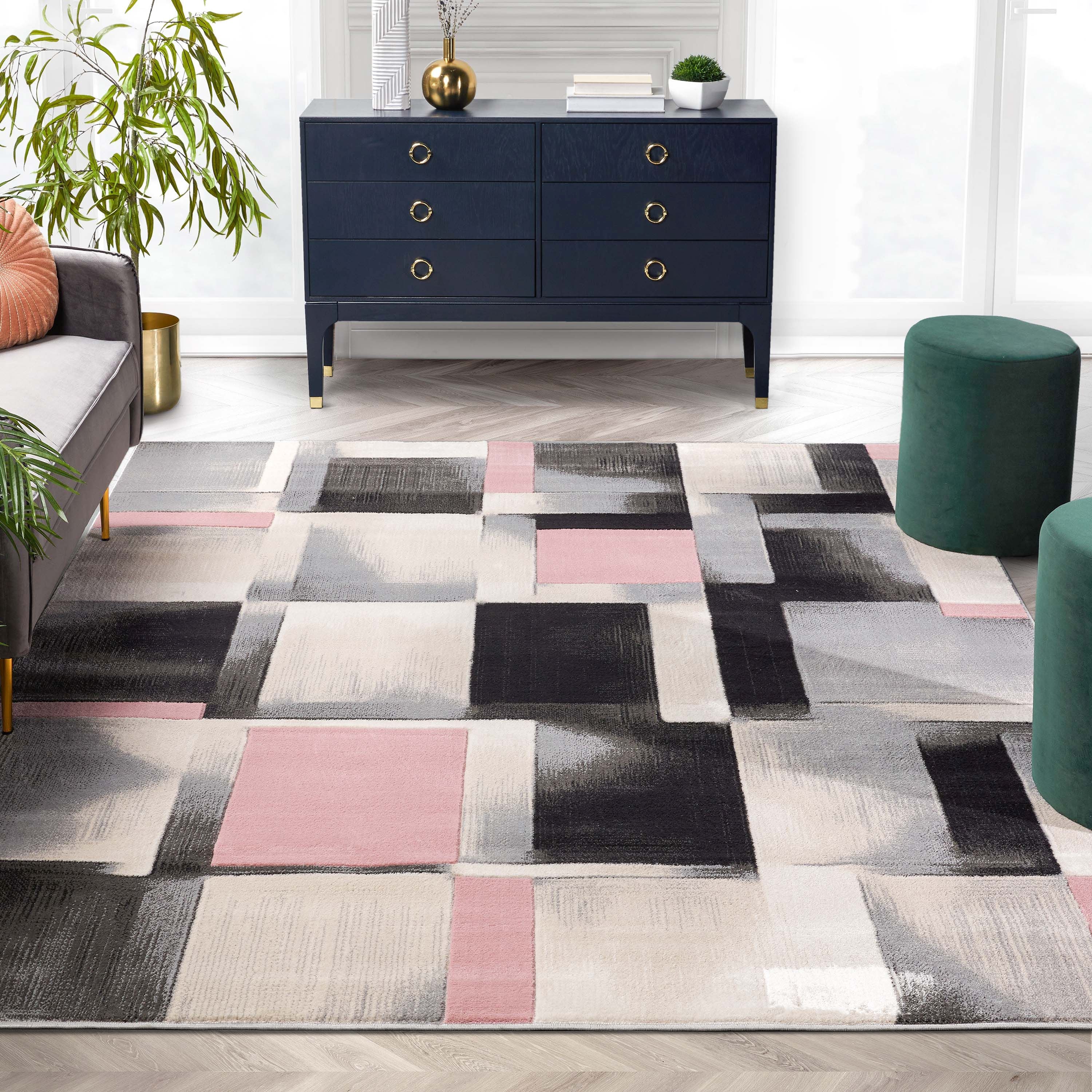 Louisa Blush Pink Modern Geometric Boxes 3D Textured Rug