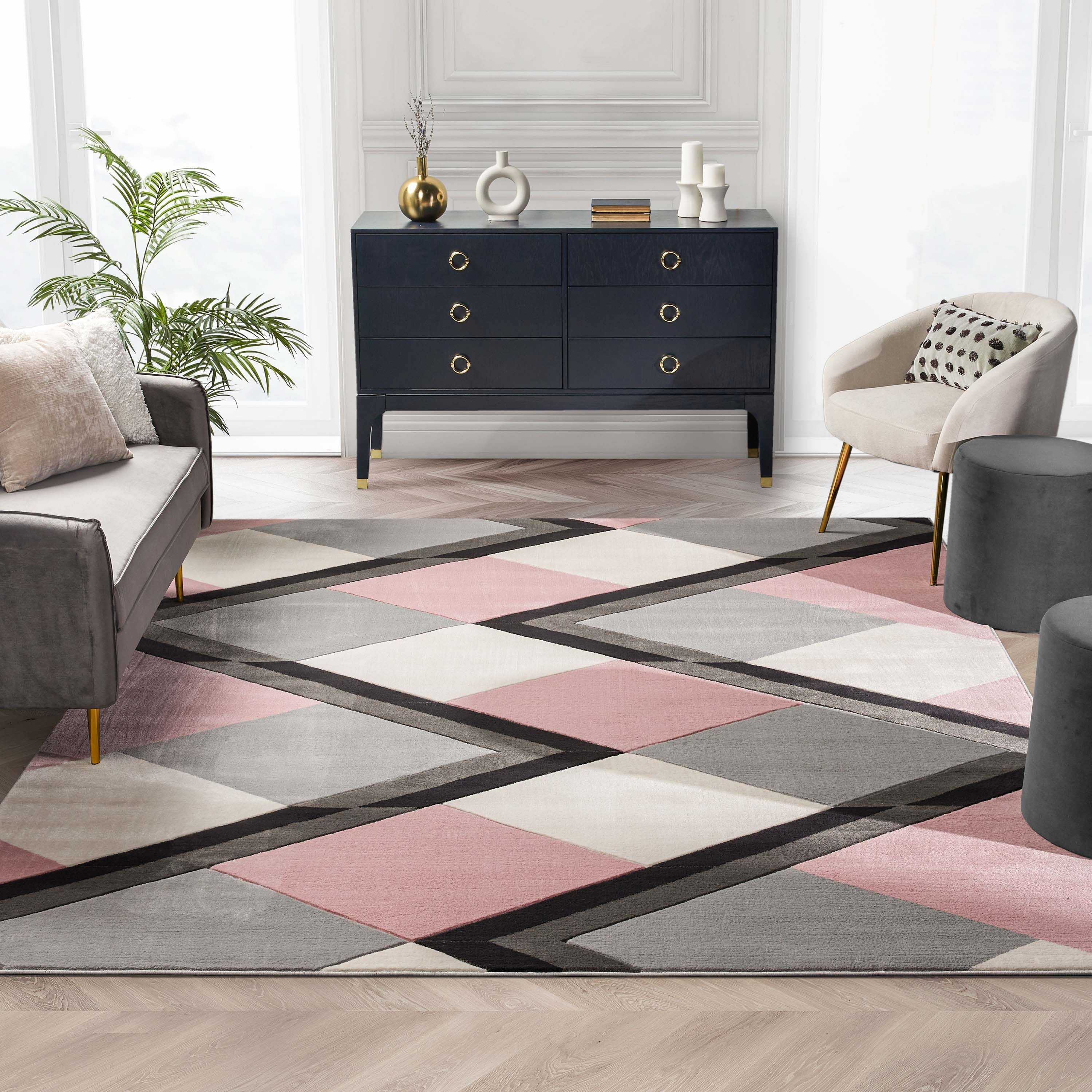 Nora Blush Pink Modern Geometric Stripes 3D Textured Rug