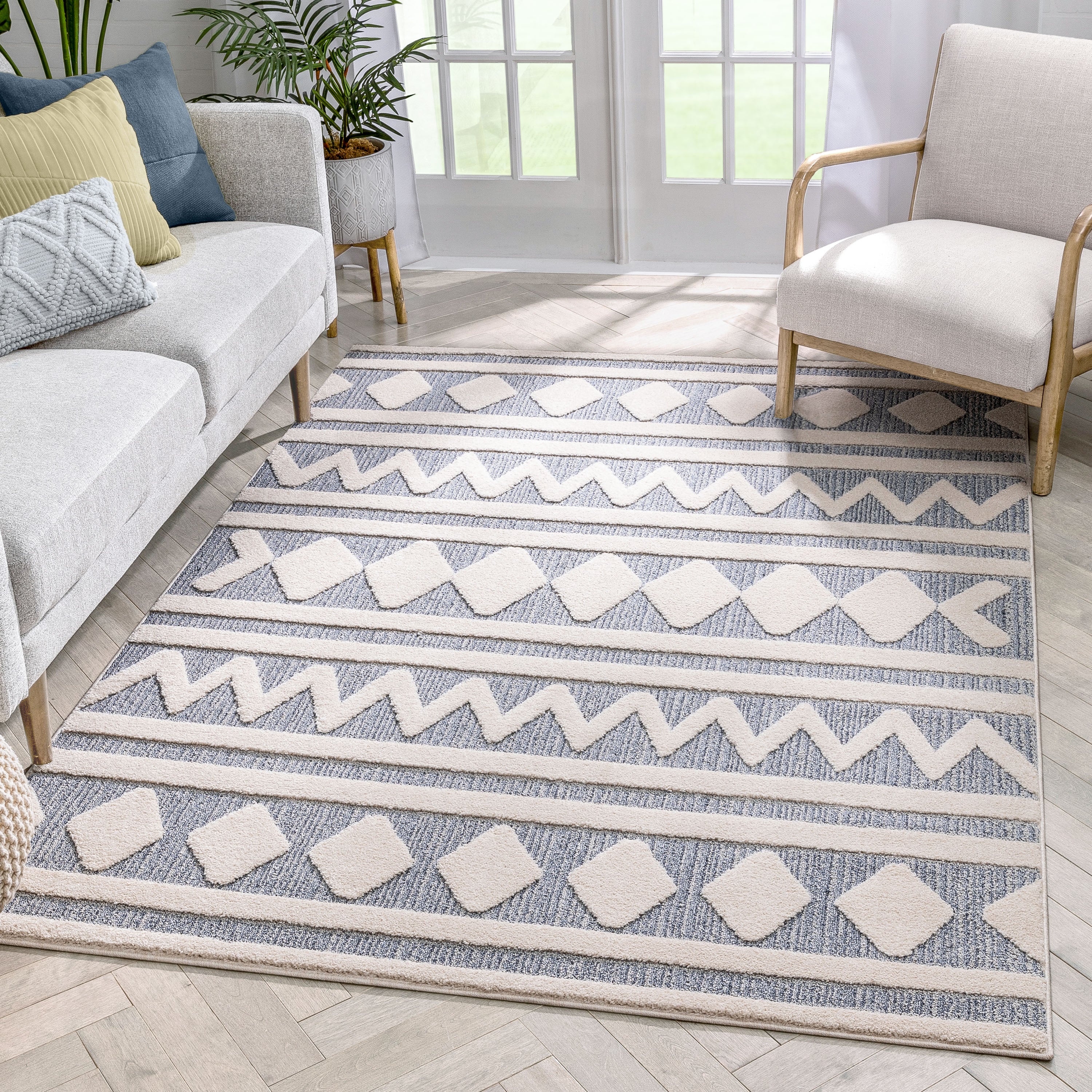 Zara Tribal Moroccan Diamond Pattern Light Blue Looped Pile Rug