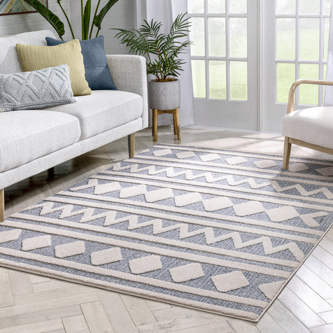 Zara Tribal Moroccan Diamond Pattern Light Blue Looped Pile Rug