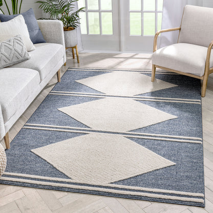 Evie Tribal Diamond Medallion Pattern Blue Looped Pile Rug