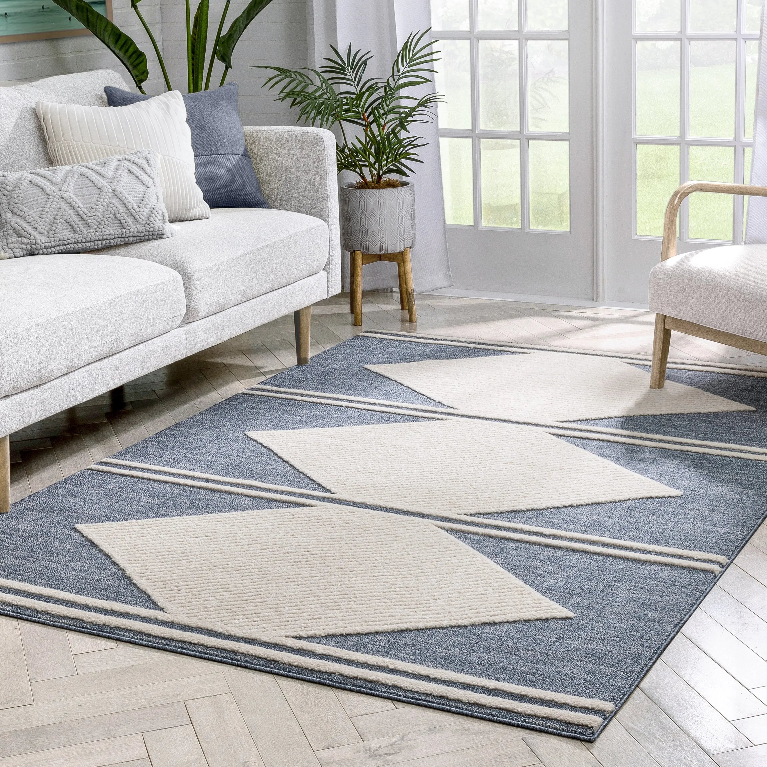 Evie Tribal Diamond Medallion Pattern Blue Looped Pile Rug