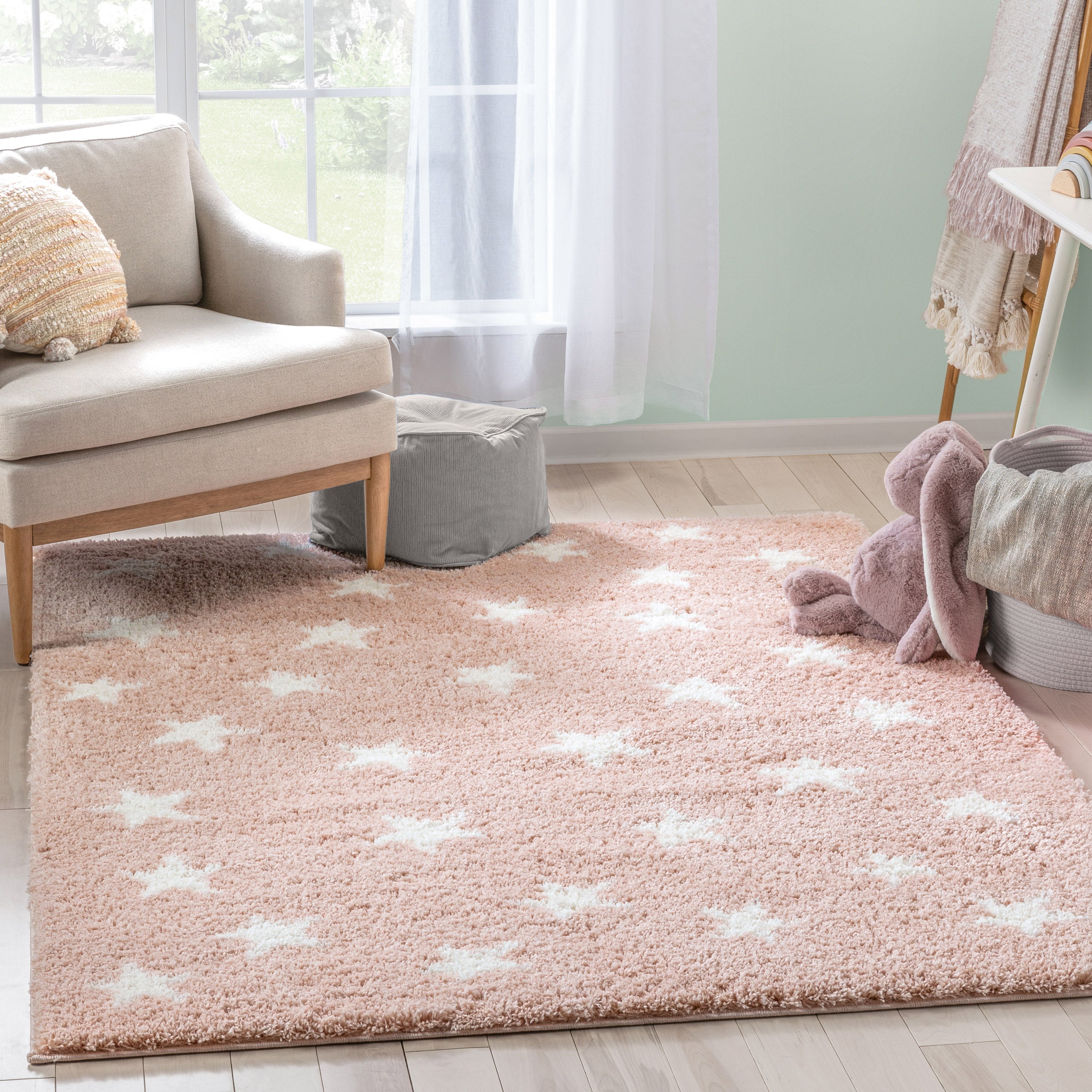 Celestial Skies Modern Stars Pattern Pink Thick & Ultra Soft Kids Rug