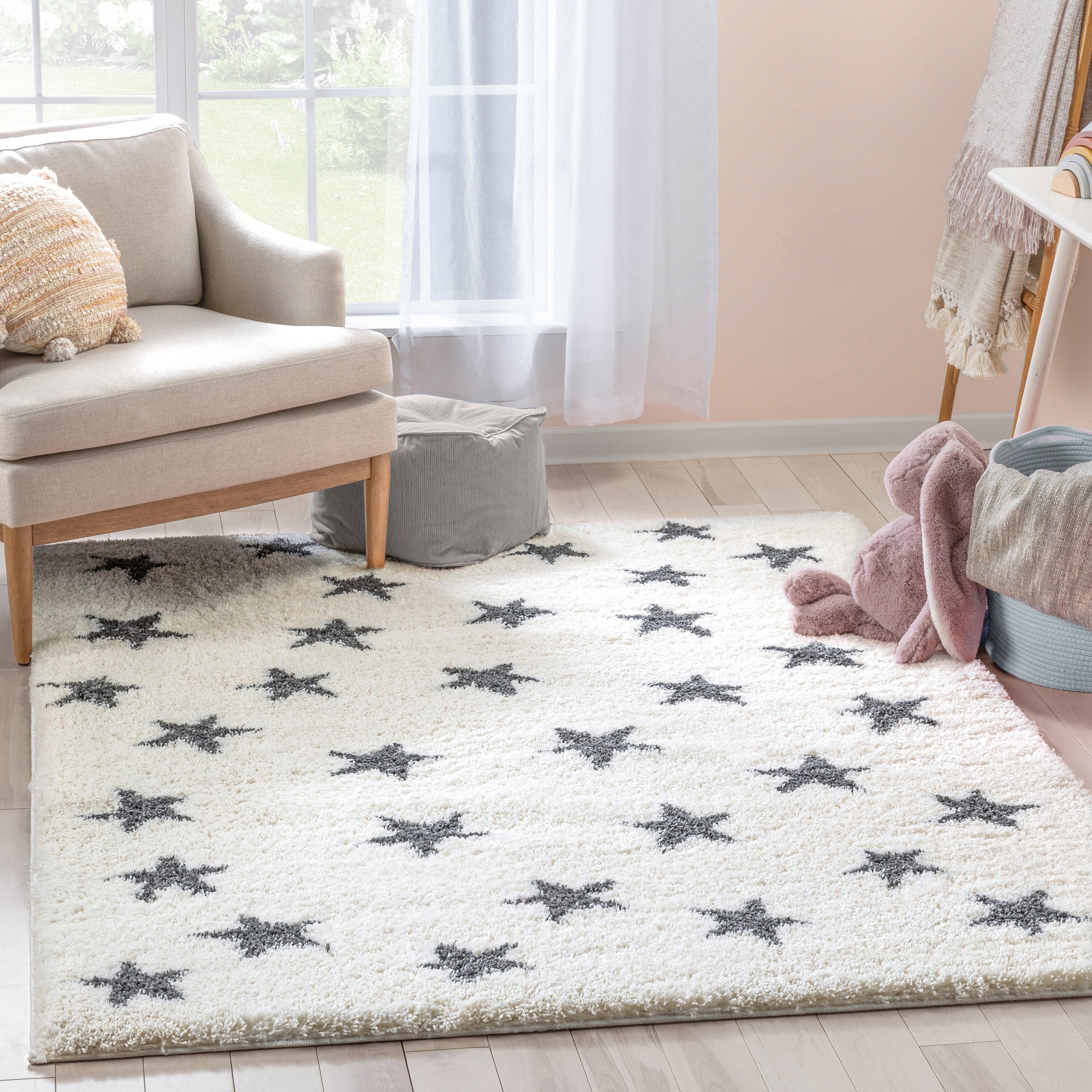 Celestial Skies Modern Stars Pattern Ivory Grey Thick & Ultra Soft Kids Rug