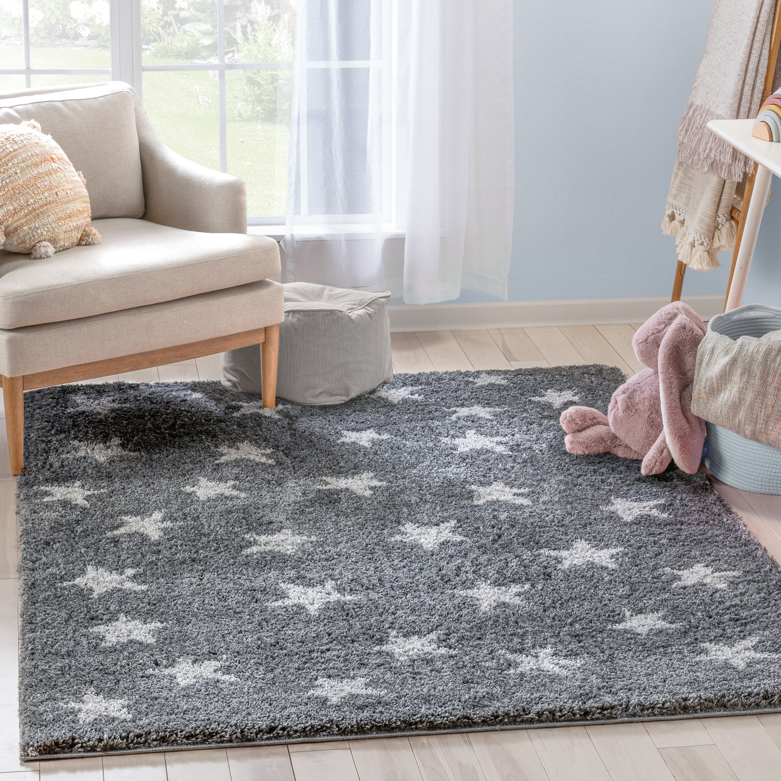 Celestial Skies Modern Stars Pattern Grey Thick & Ultra Soft Kids Rug