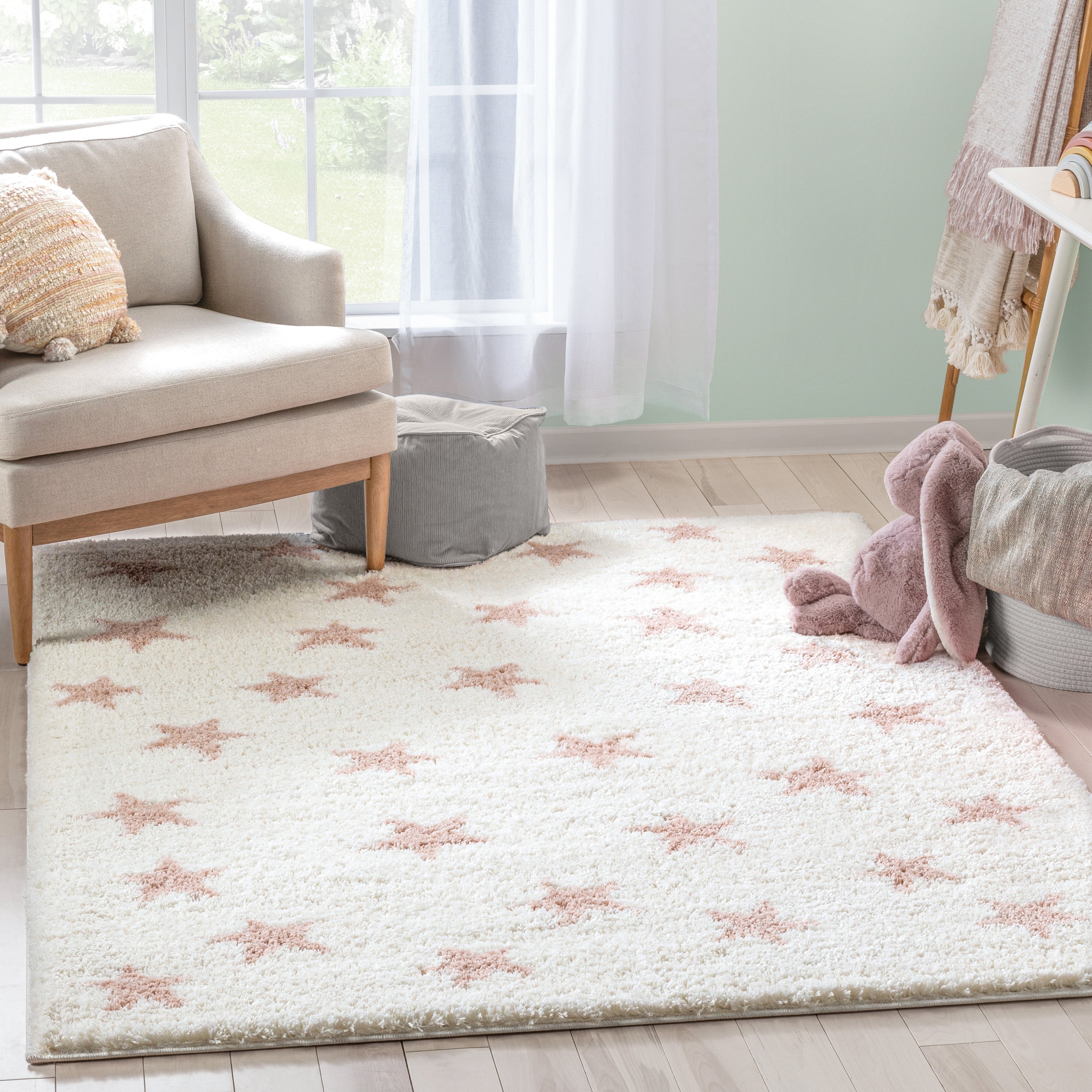 Celestial Skies Modern Stars Pattern Ivory Pink Thick & Ultra Soft Kids Rug