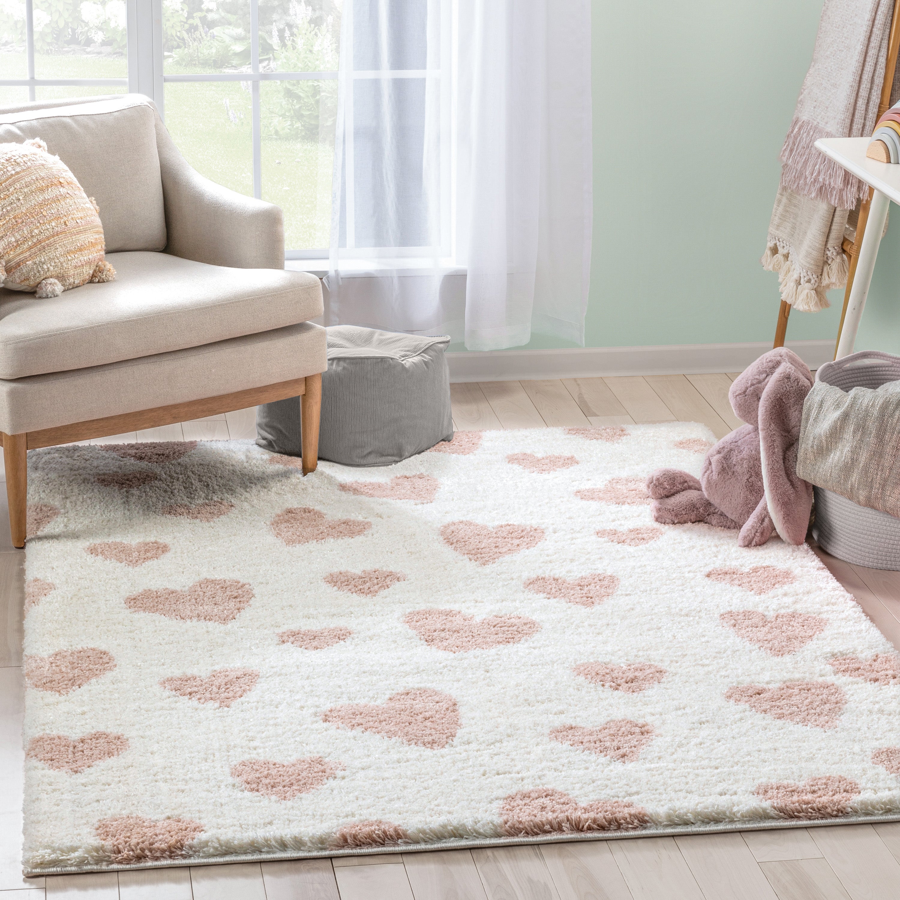 Hearts Modern Heart Pattern Ivory Pink Thick & Ultra Soft Kids Rug