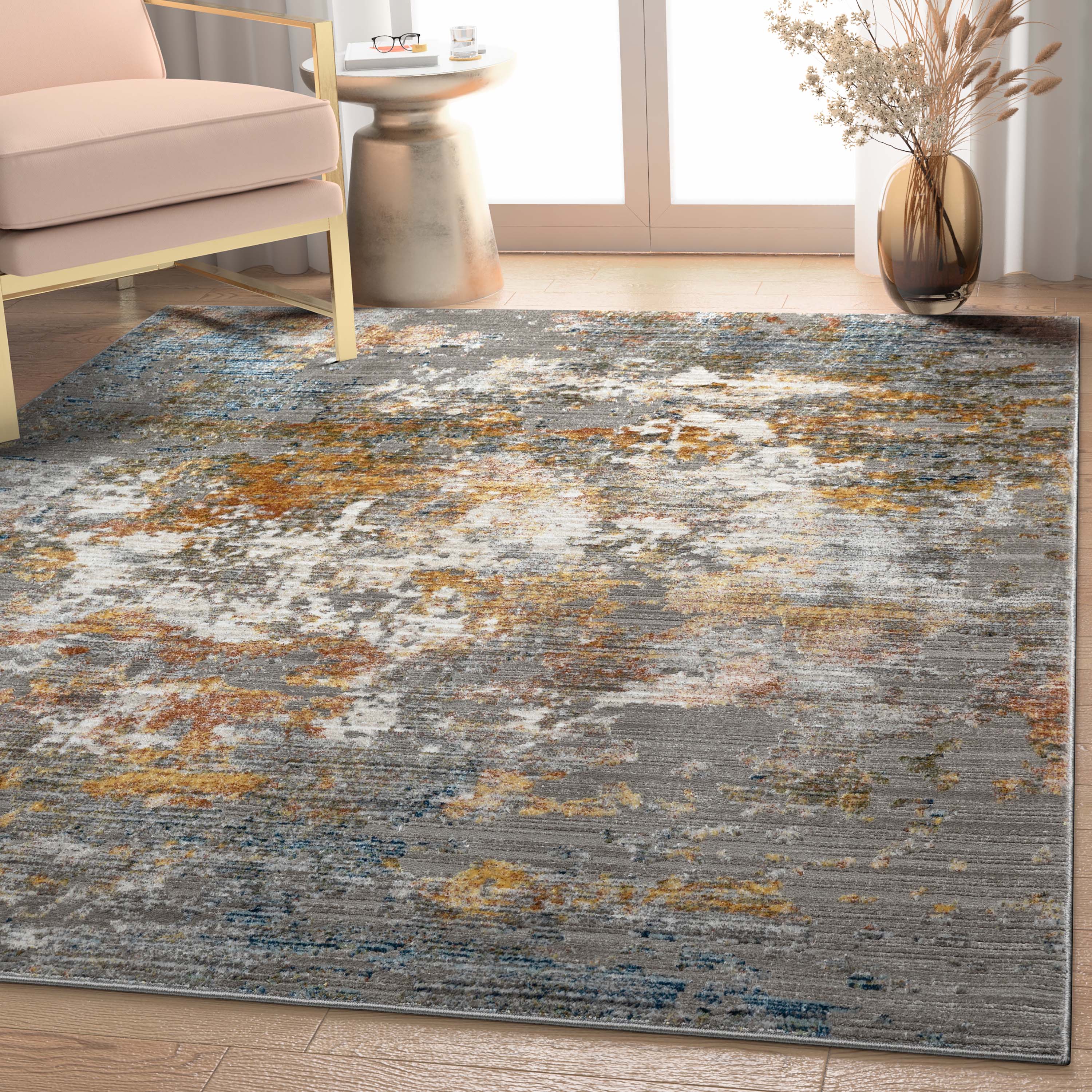 Abstract Modern Distressed Grey Multi High-Low Rug