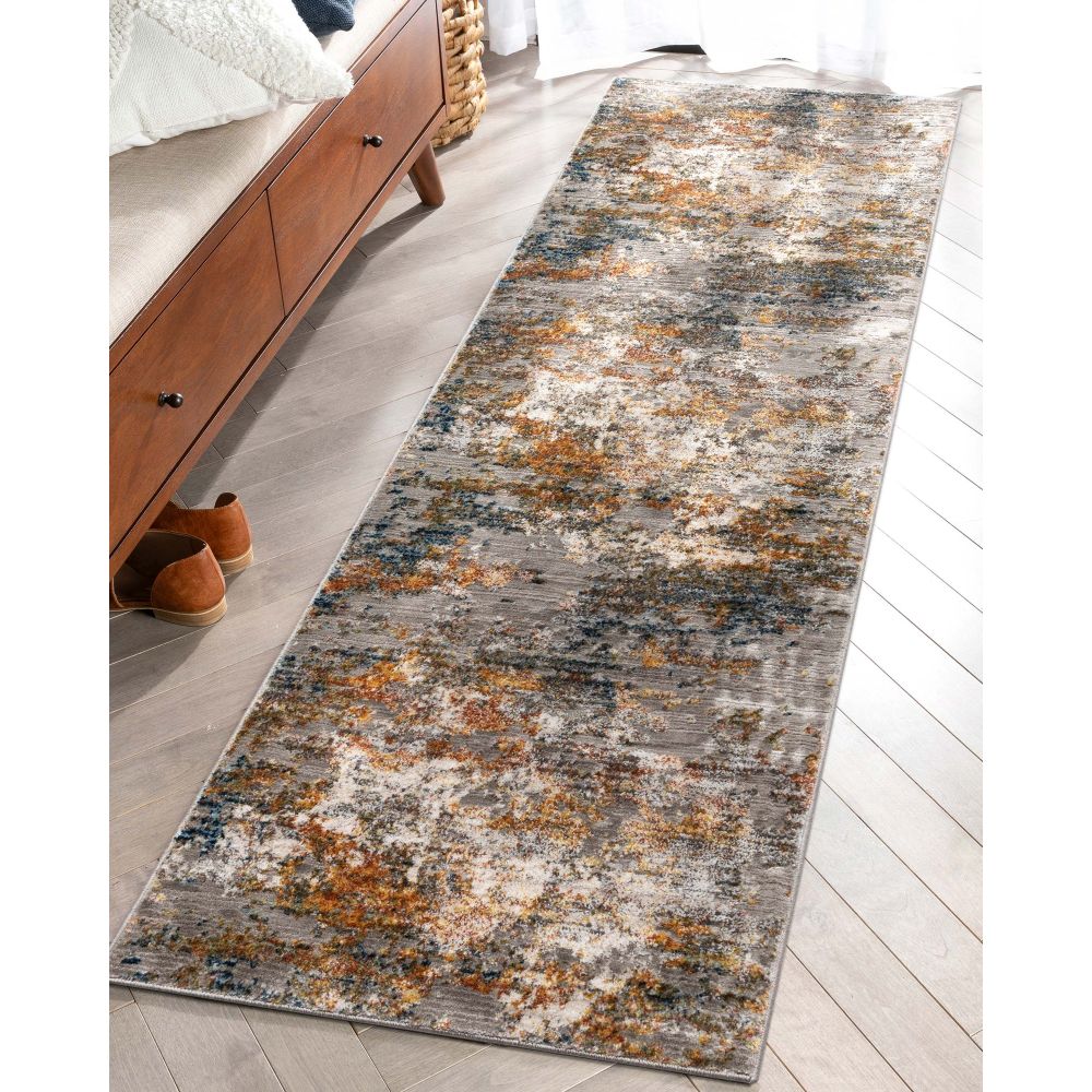 Abstract Modern Distressed Grey Multi High-Low Rug