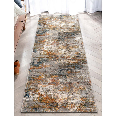 Abstract Modern Distressed Grey Multi High-Low Rug