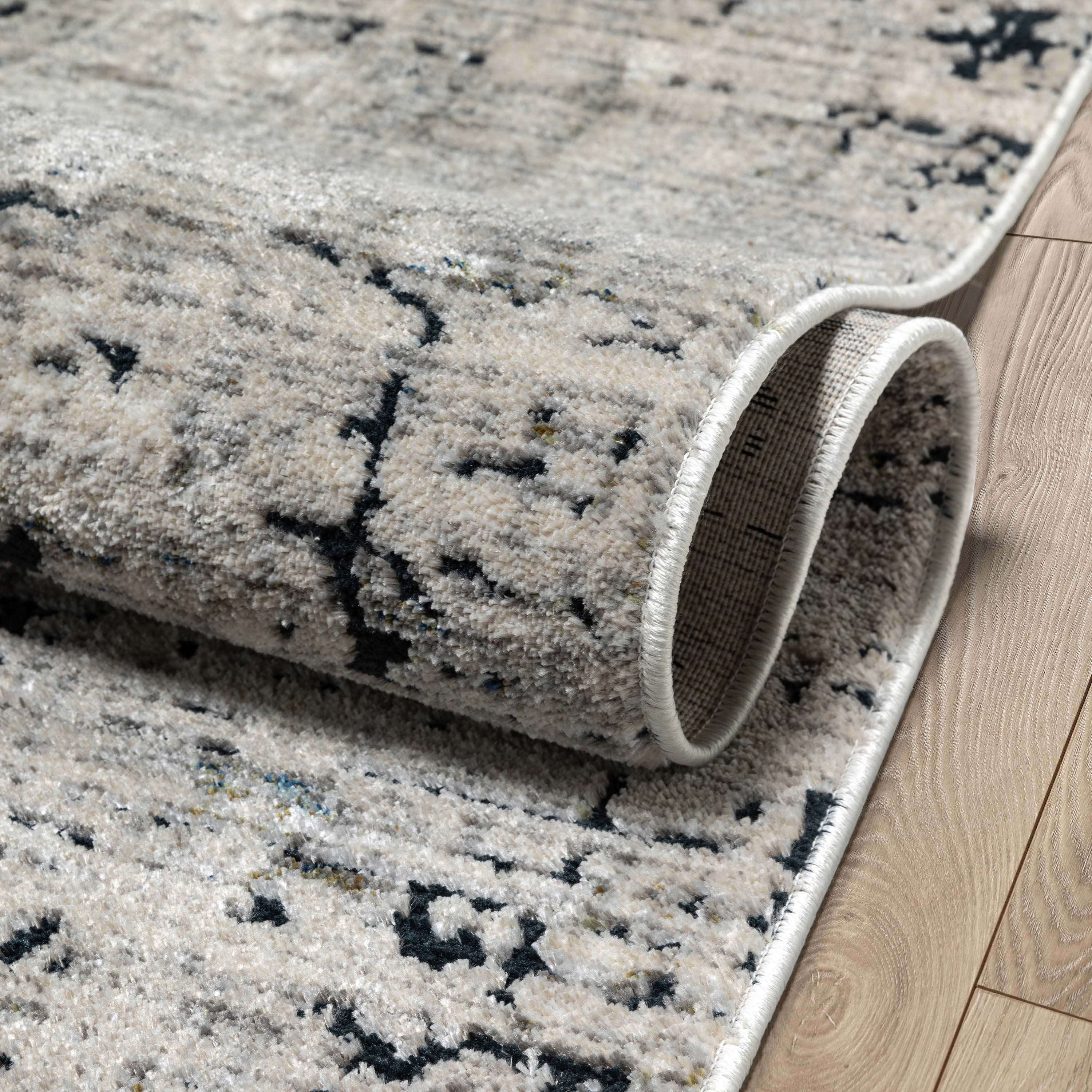 Abstract Modern Distressed Grey Navy High-Low Rug