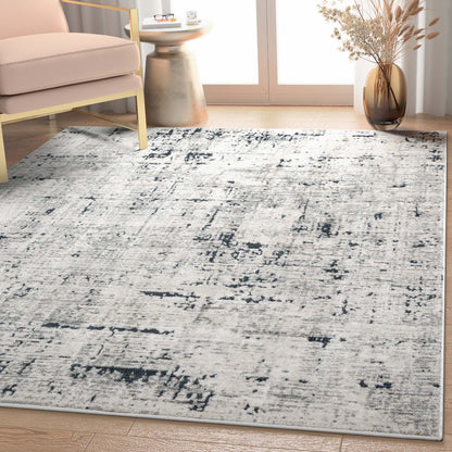 Abstract Modern Distressed Grey Navy High-Low Rug