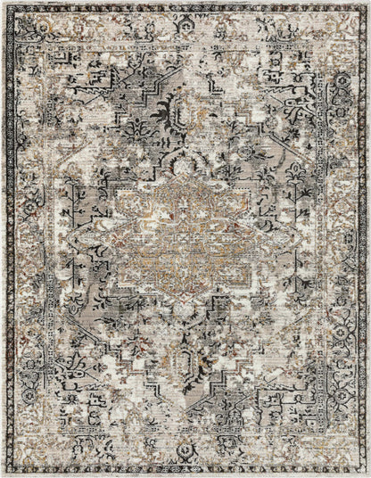 Heriz Medallion Modern Vintage Grey Ivory High-Low Rug