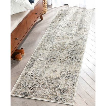 Heriz Medallion Modern Vintage Grey Ivory High-Low Rug